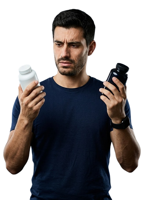 A man uncertainly comparing two bottles of supplements.