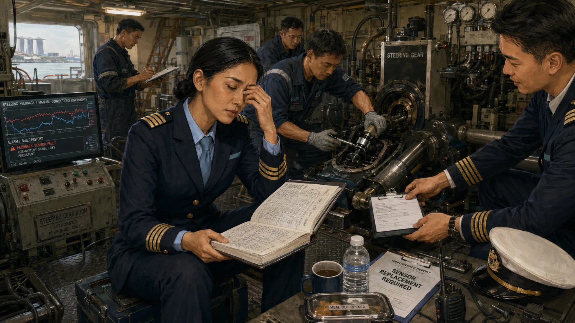 The Anchor overnight in a ship's steering gear room, hand to brow over the open log, while crew work on the fault and one holds out a clipboard, the sensor replacement report and an unopened meal on the bench