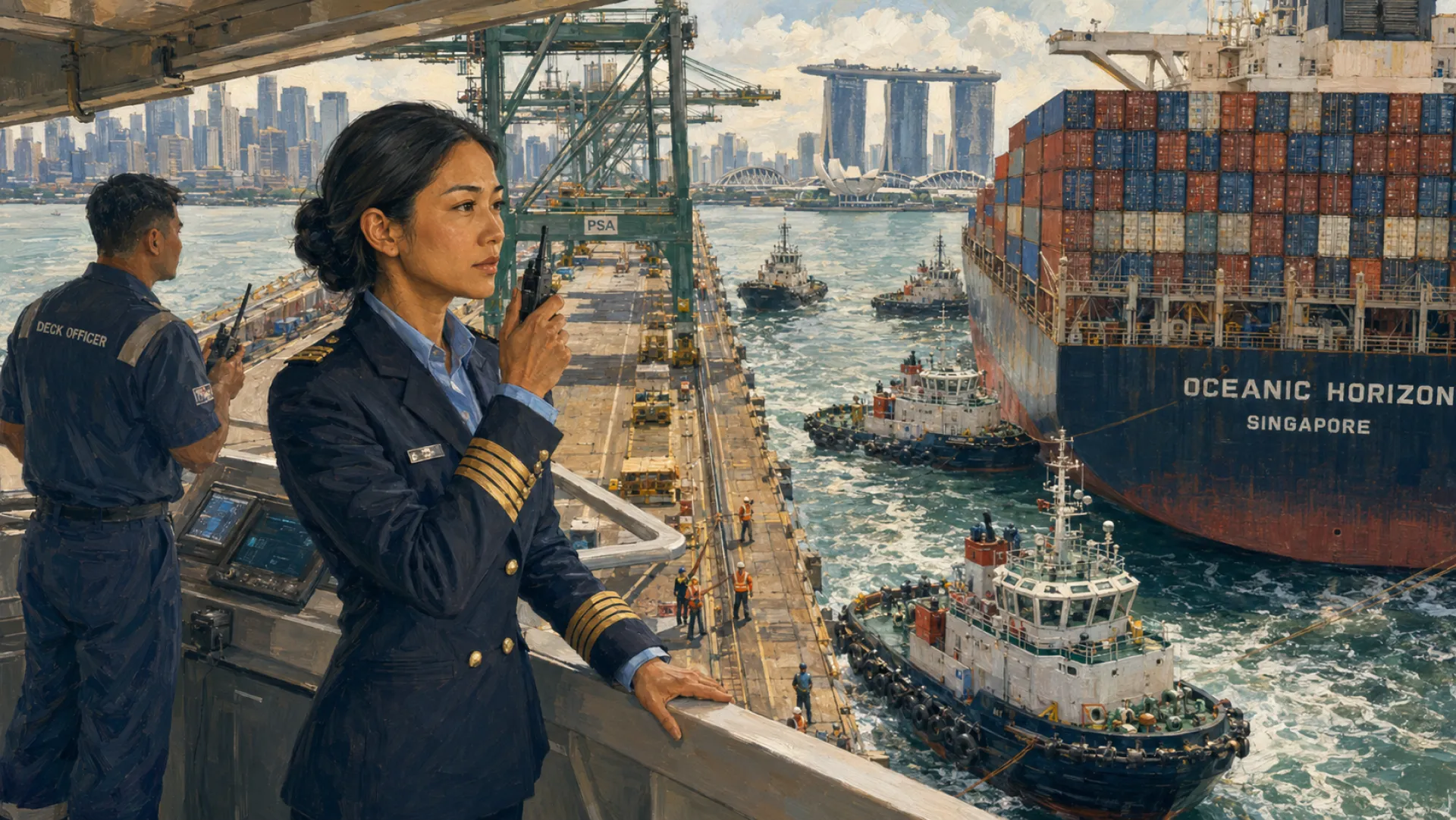 The Anchor on a ship's bridge wing with a radio raised, watching tugs ease a container ship alongside the terminal quay below