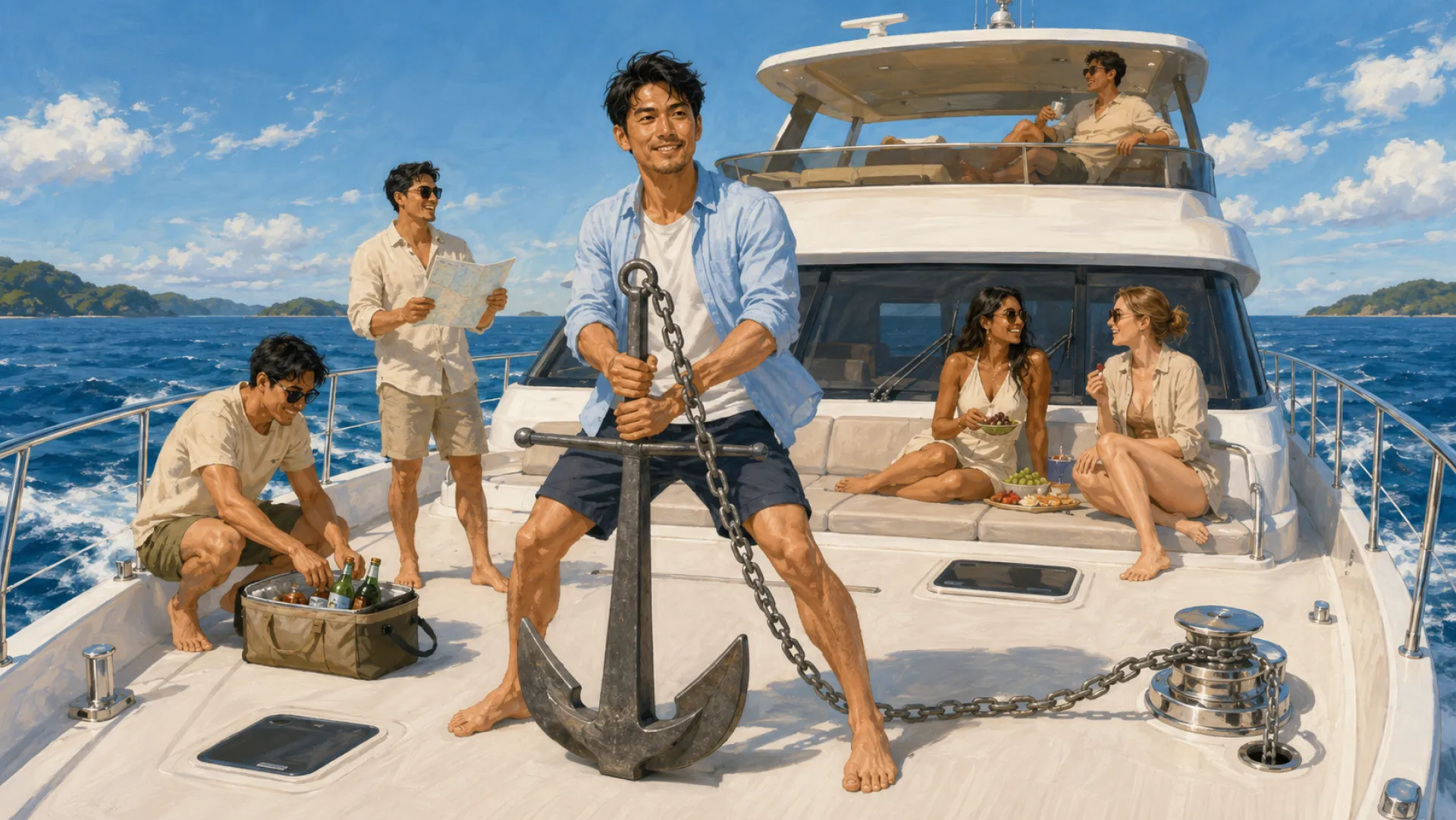 The Anchor braced on the foredeck of a motor yacht, gripping a heavy anchor on its chain while friends eat, read a map and unpack drinks around them