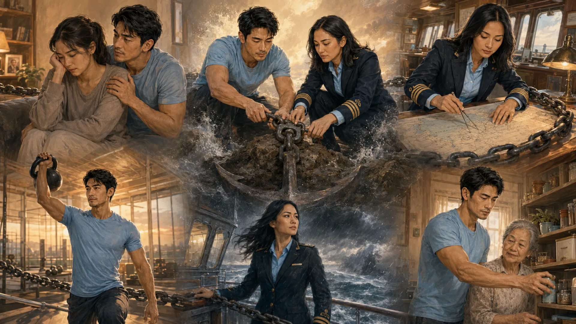 The Anchor in six scenes linked by an anchor chain: comforting someone at home, hauling the chain through spray with another person, working over a chart, lifting a kettlebell, standing at a rail in heavy seas, and reaching a shelf for an older relative