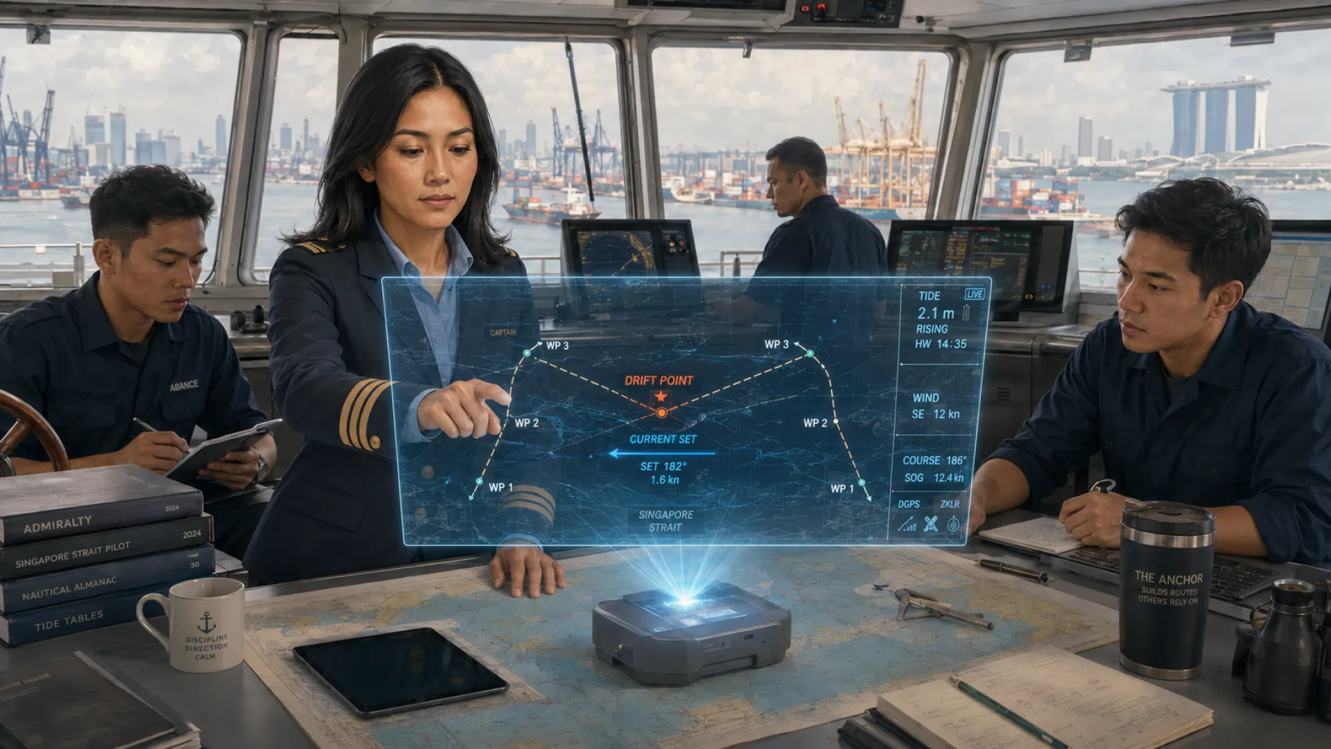 The Anchor on a ship's bridge pointing into a projected passage plan, where two planned routes meet at one point marked in red, while crew take notes on either side