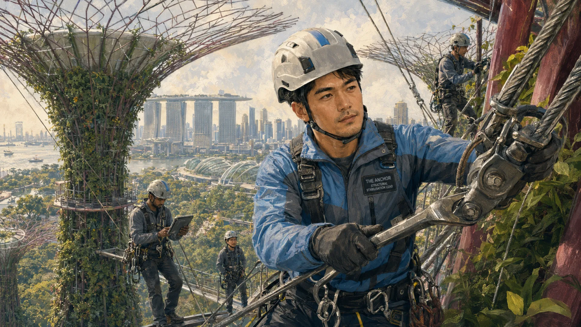 The Anchor in a helmet and climbing harness high on a plant-covered, tree-shaped steel tower, tightening a cable fitting with a spanner while three crewmates work nearby