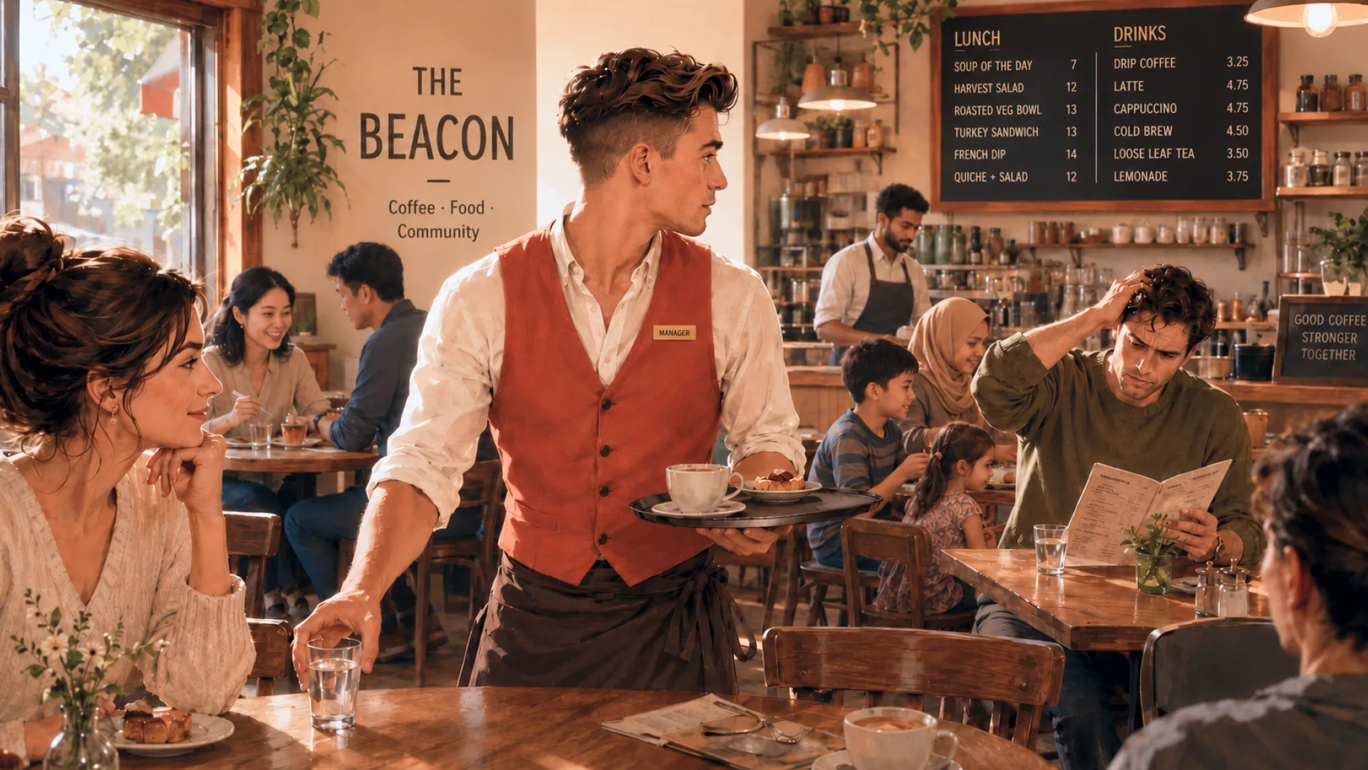The Beacon crossing a busy cafe with a coffee on the tray, setting a glass of water down at one table while already looking towards a customer across the room