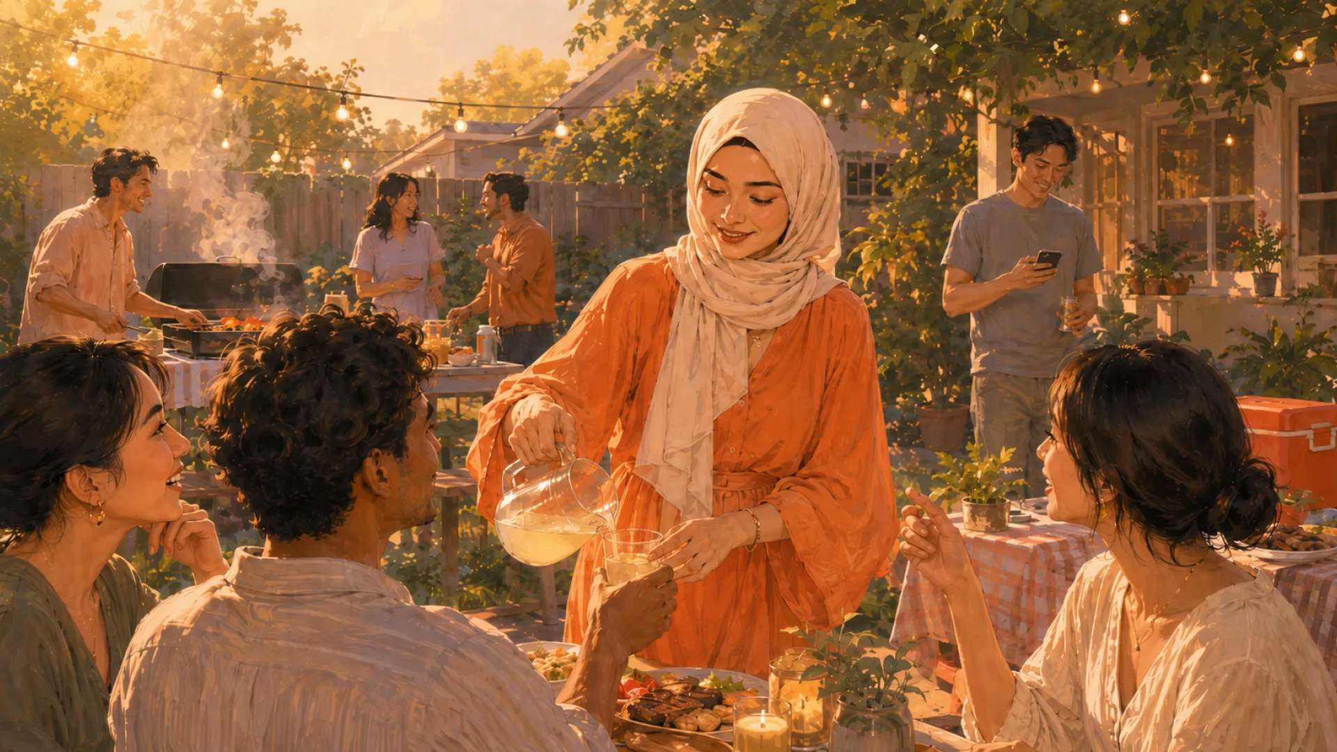 The Beacon pouring lemonade into a friend's glass at a backyard barbecue strung with lights, with friends laughing around the table