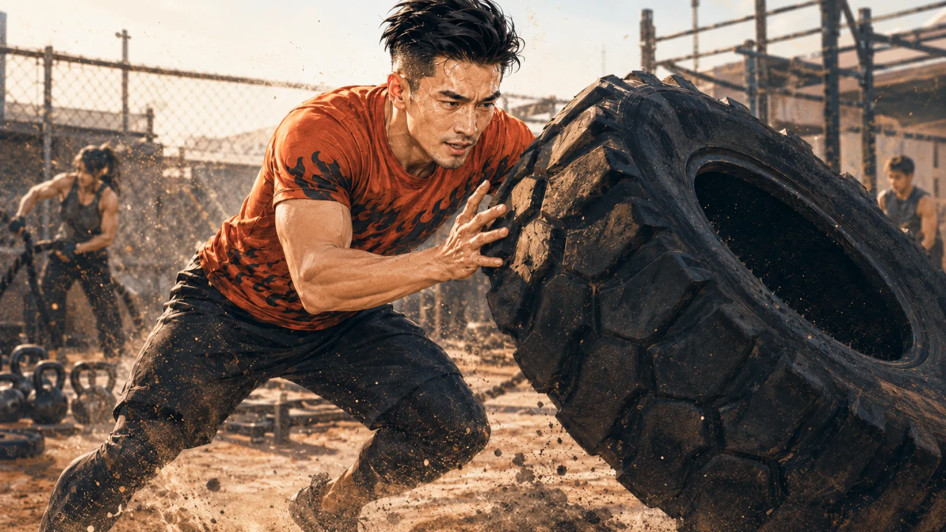 The Blaze pushing a huge tractor tyre over at a sandy outdoor training ground, kettlebells behind