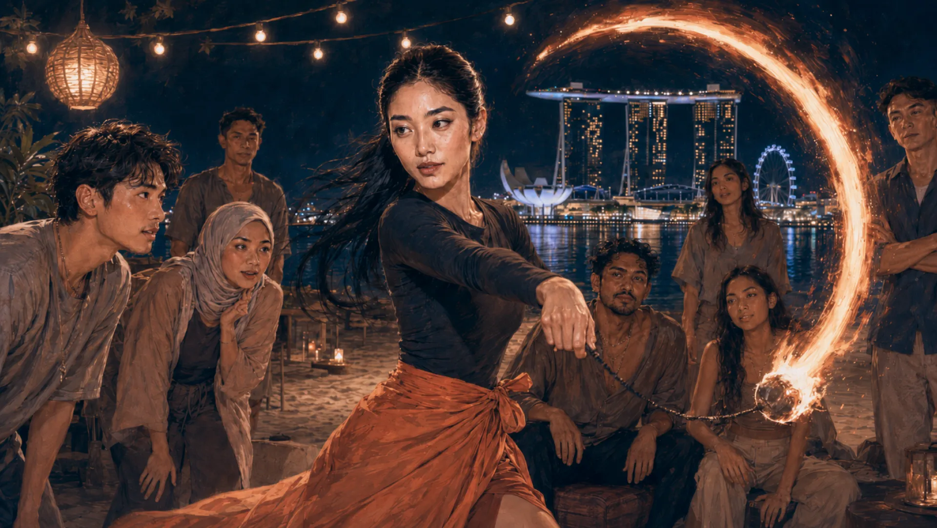 The Blaze spinning a burning poi into a bright arc on a night beach, a half-circle of onlookers turned towards it