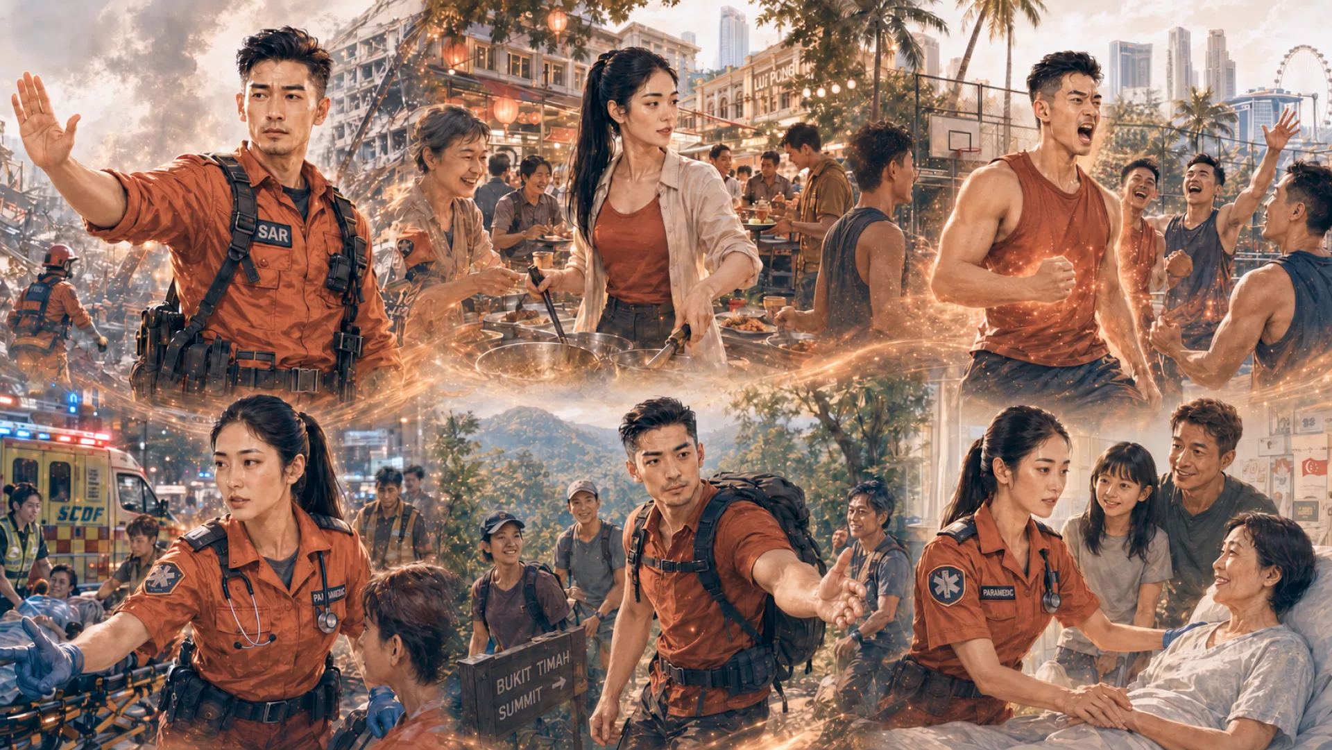 The Blaze in six scenes threaded by a ribbon of sparks: signalling at a rescue site, cooking at a food stall, celebrating on a basketball court, working a stretcher, leading a group past a summit sign, and holding a patient's hand at the bedside while the family look on
