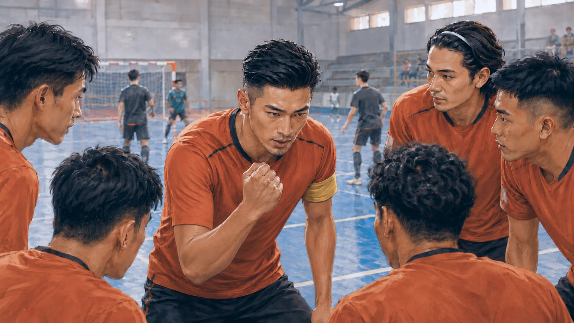 The Blaze in the middle of a futsal huddle with a fist raised, teammates leaning in from every side