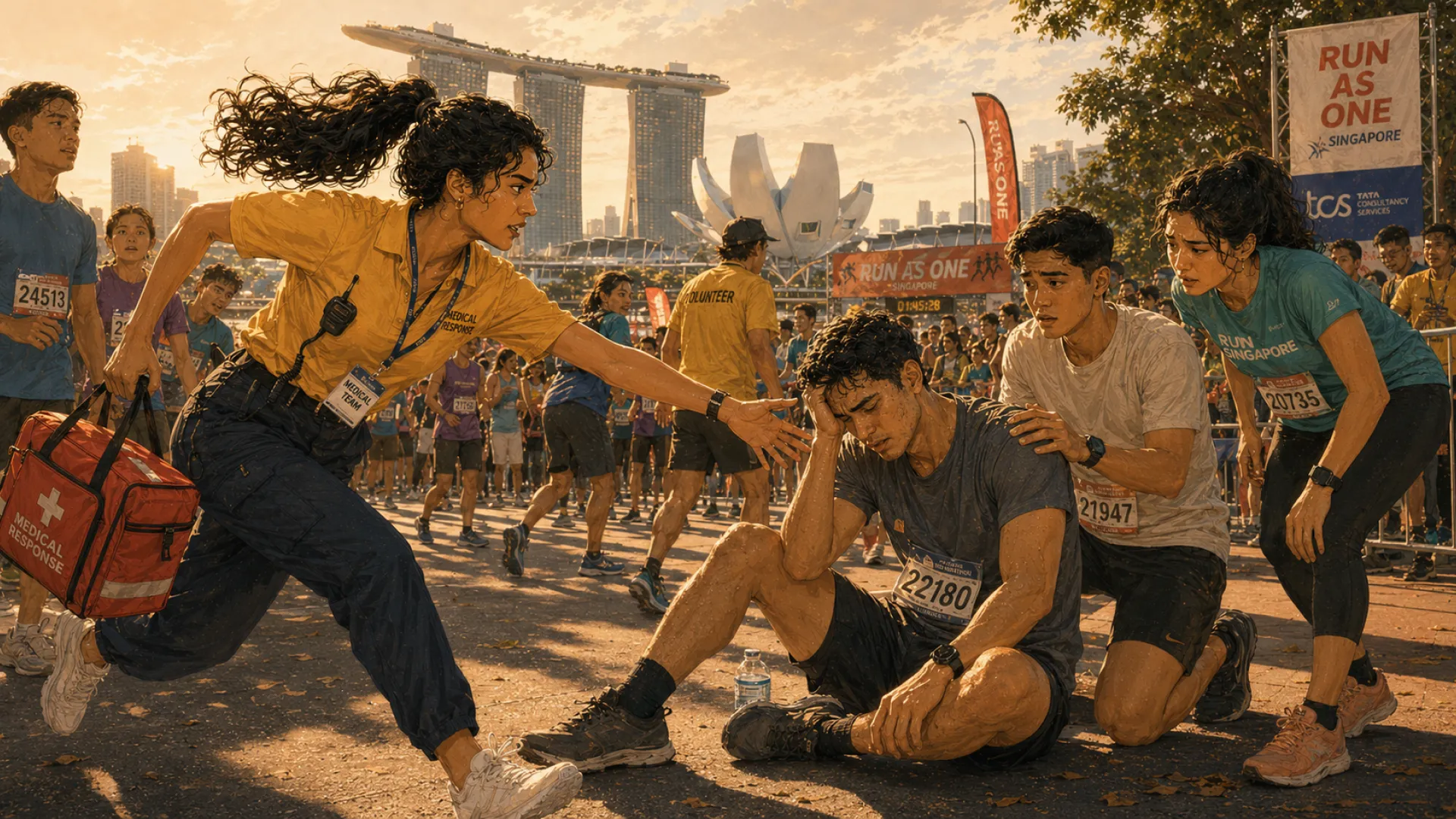 The Charge running in with a medical response bag to a runner sitting in the road mid-race, two other runners already crouched beside them
