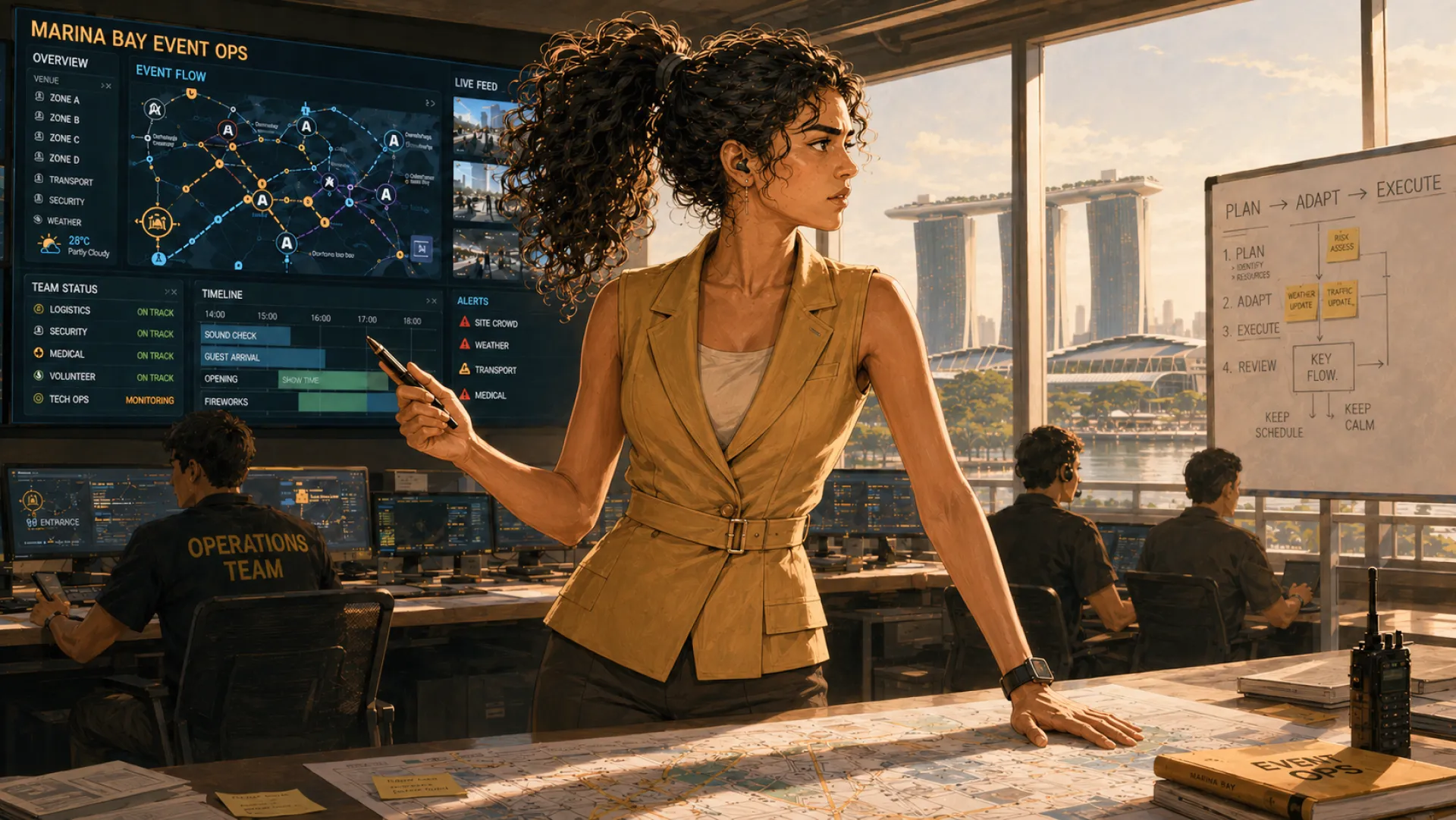 The Charge standing over a site map in an event operations room, pen in hand, looking out of the window towards the venue while colleagues work the screens behind