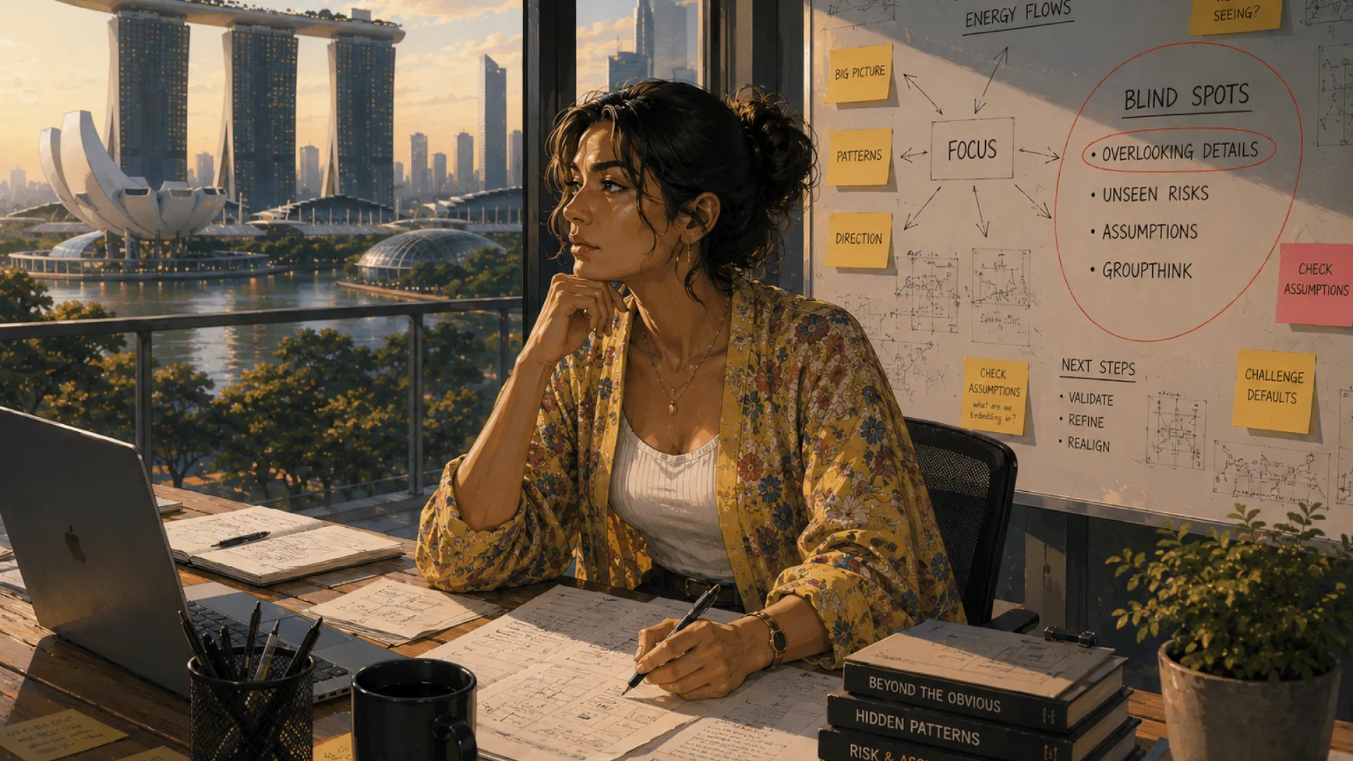 The Compass pausing at a desk to look out over the water towards the city, notes and a whiteboard alongside