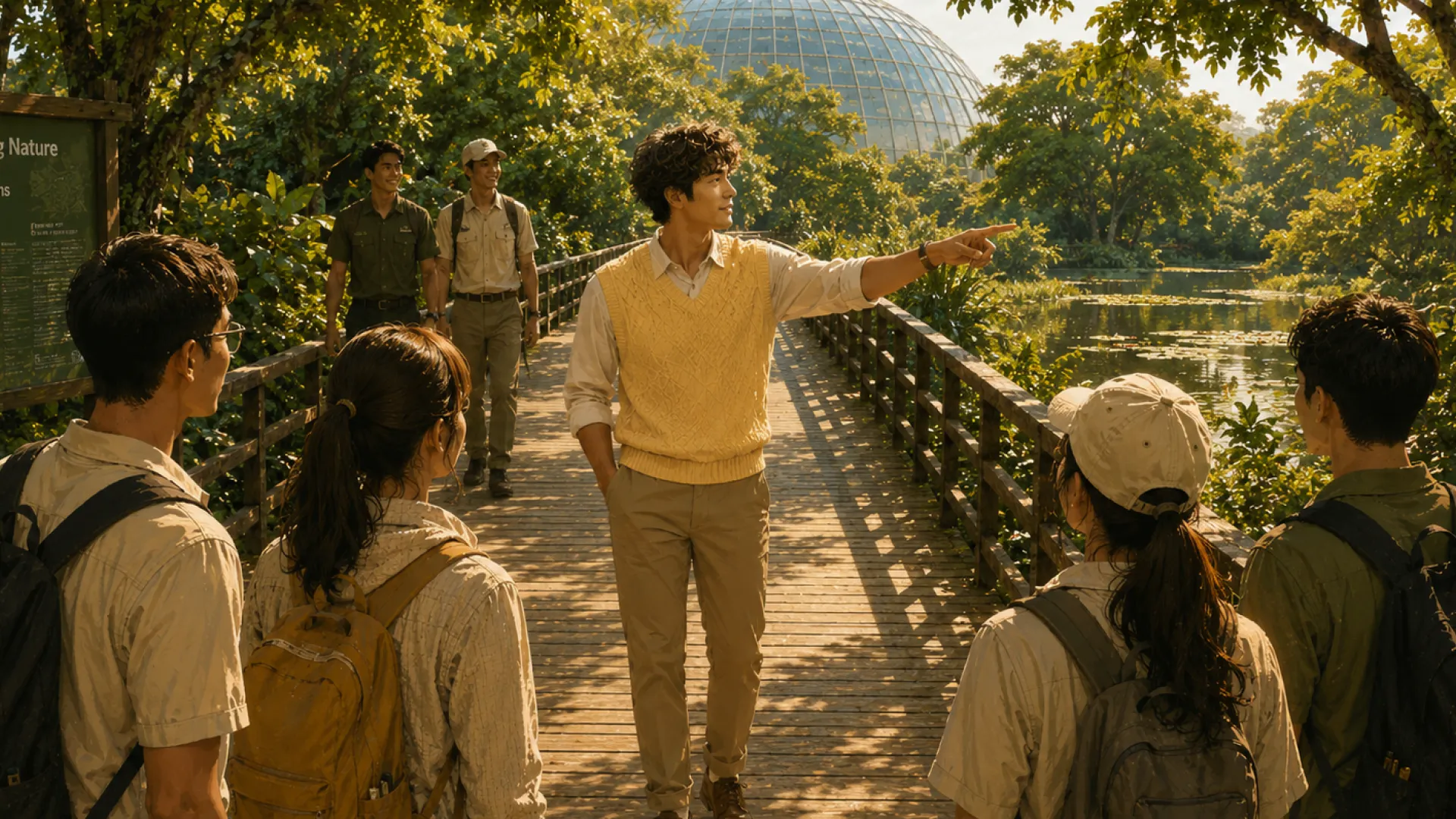 The Compass pointing the way to a small group with backpacks on a boardwalk beside a pond