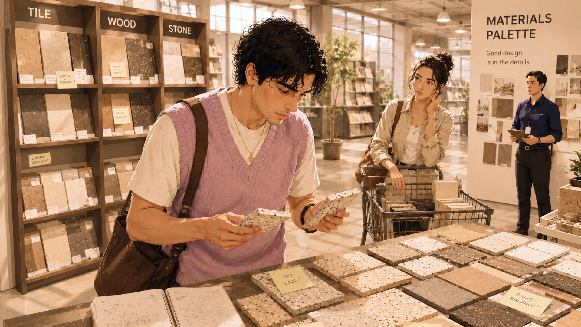 The Craft comparing tile samples at a materials palette in a showroom, a bag still over one shoulder