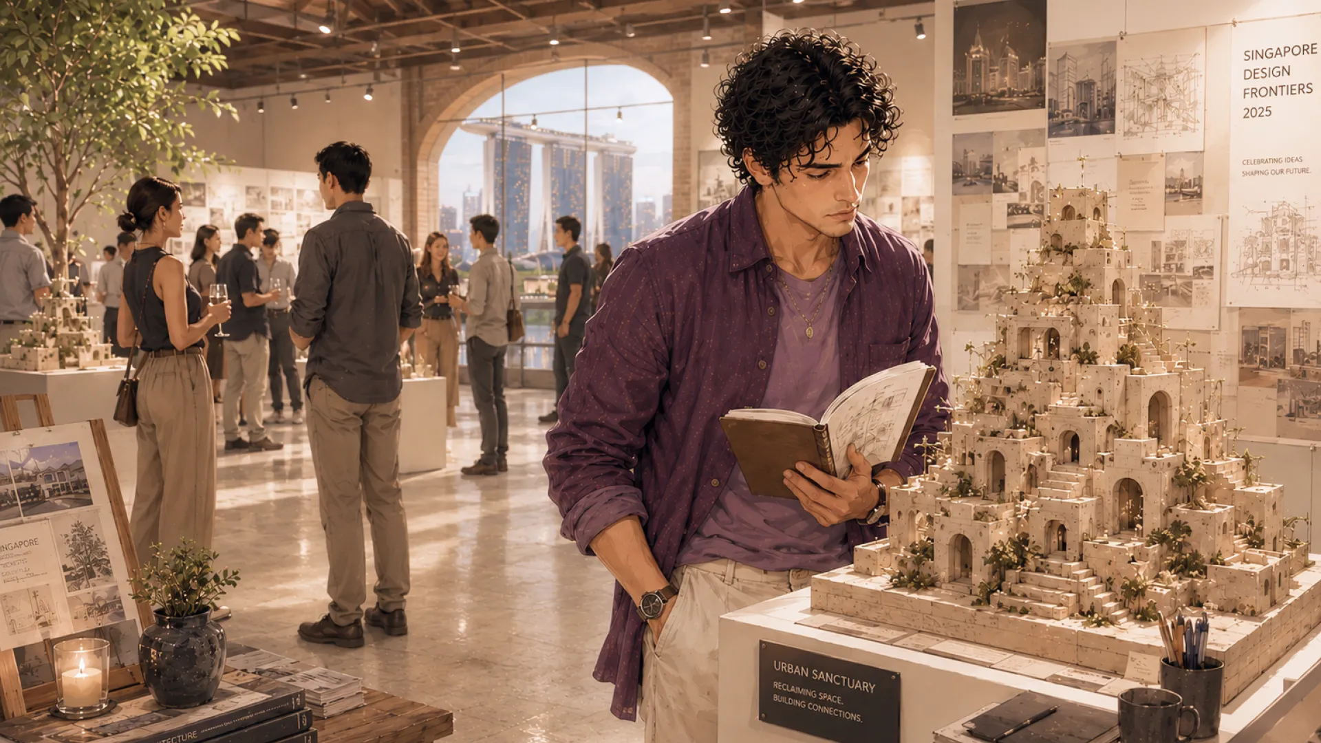 The Craft reading beside a detailed architectural model at an exhibition, visitors browsing behind