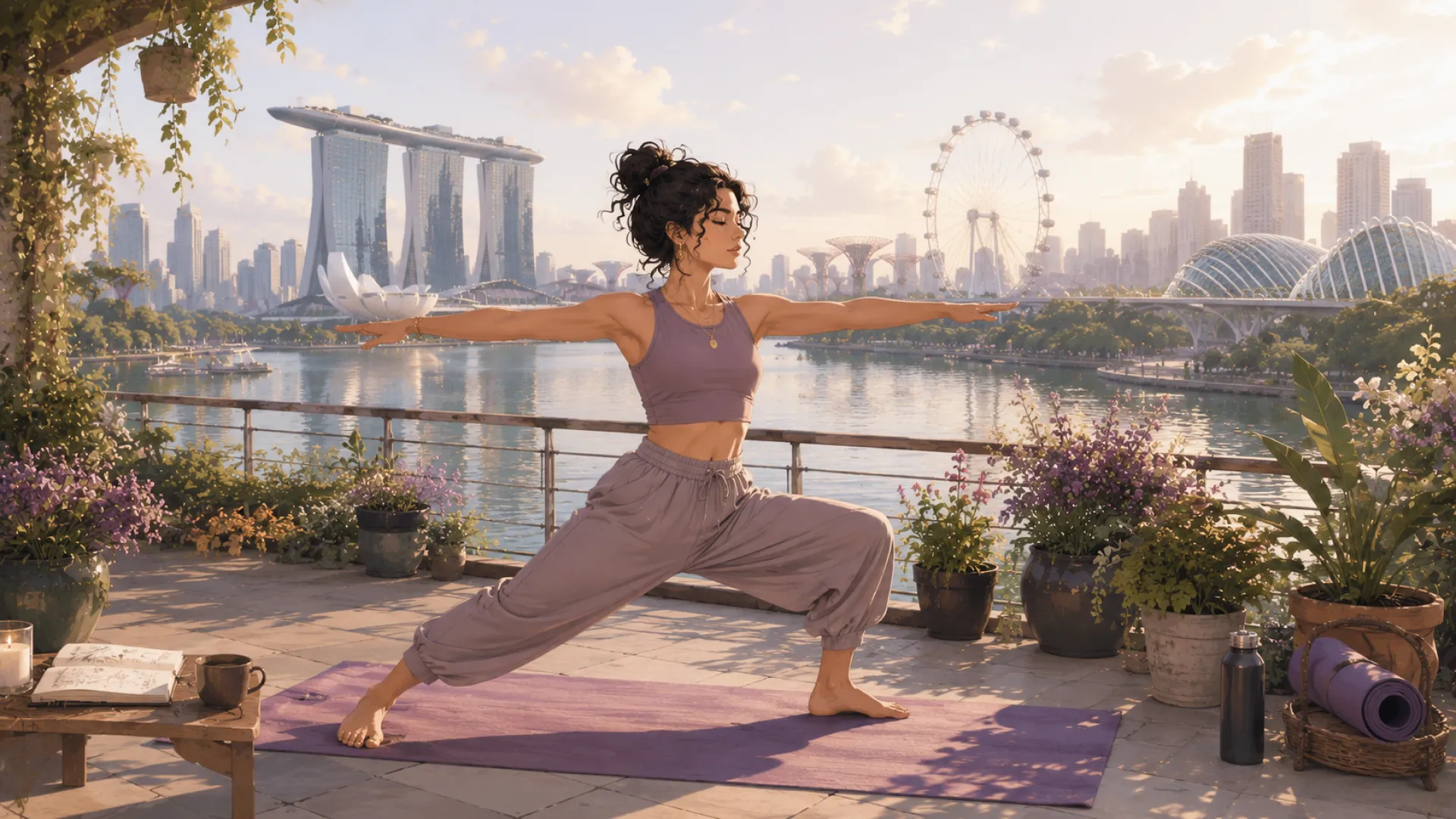 The Craft holding a wide lunge on a yoga mat on a waterside terrace in soft golden light