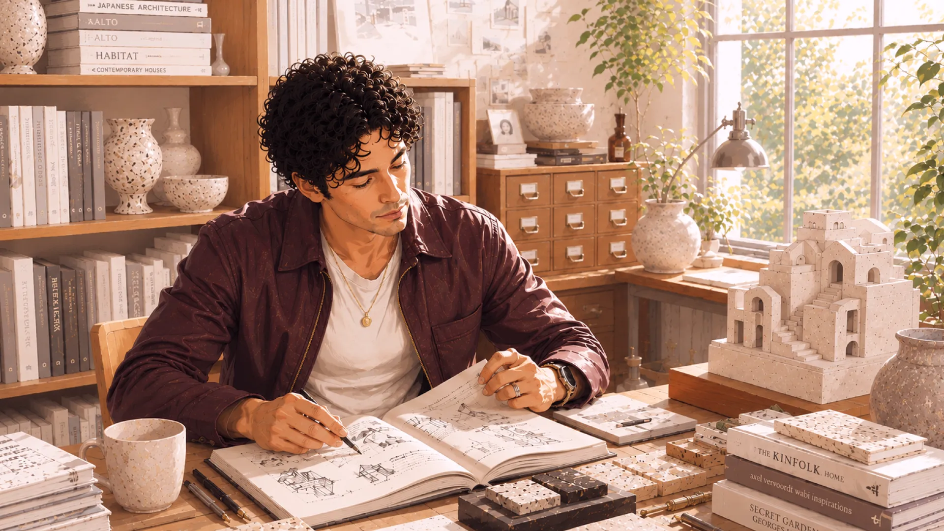 The Craft sketching building designs in a notebook at a desk, a small architectural model on the table beside them