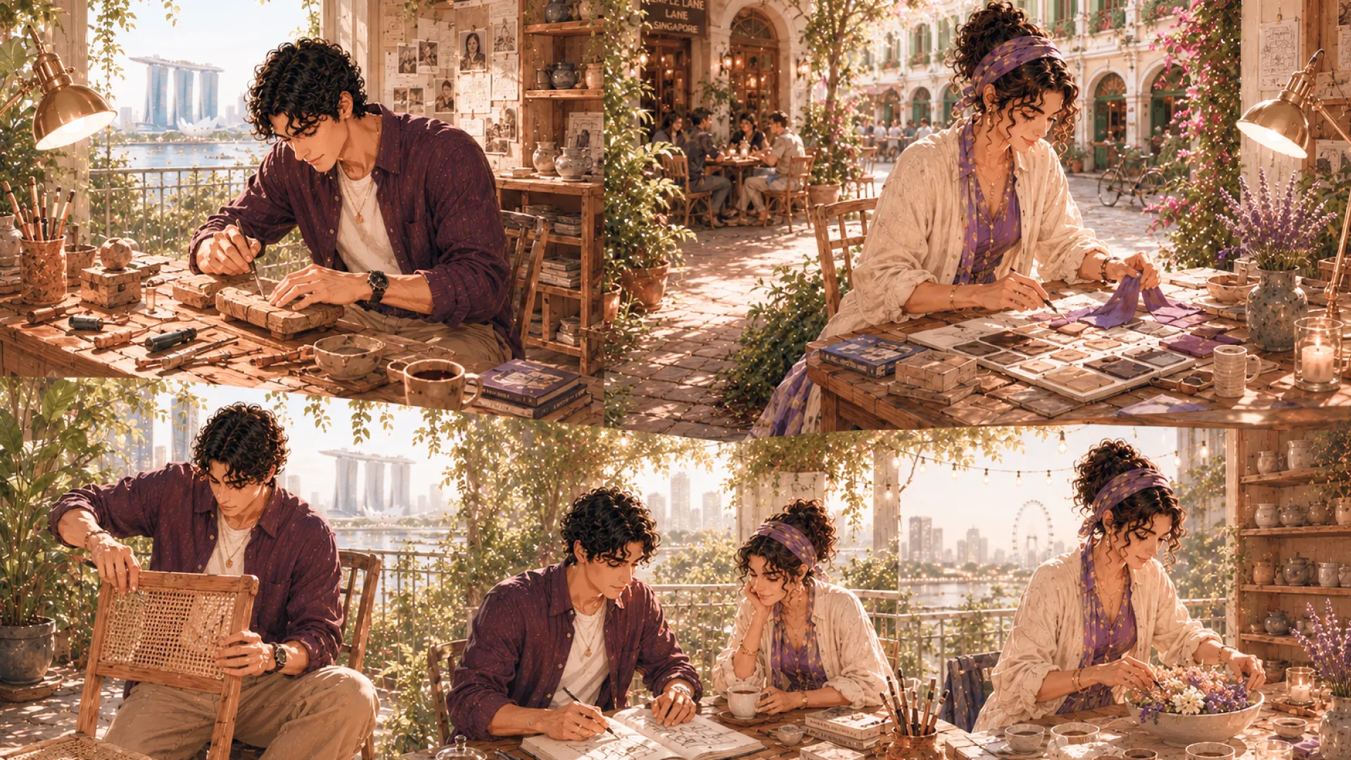 The Craft in five scenes on a sunlit terrace: carving at a workbench, laying out fabric and tile samples, holding up a cane chair, sketching beside a friend and arranging flowers