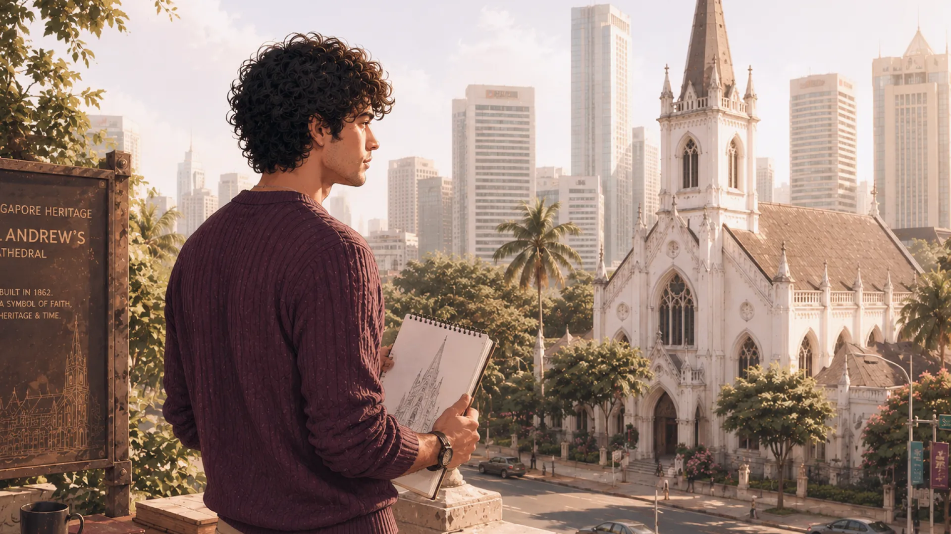 The Craft looking across a street at a white cathedral, holding a sketchbook with a drawing of its spire, city towers behind