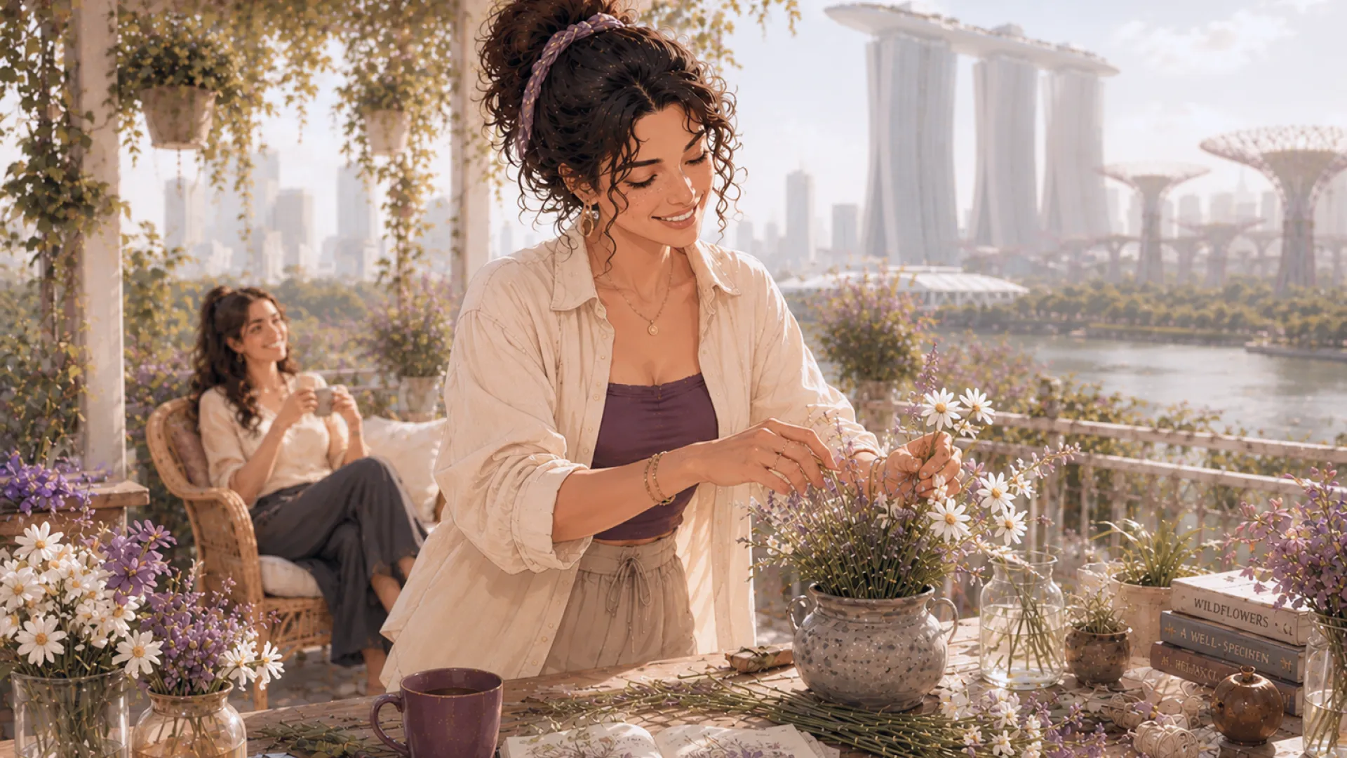 The Craft arranging daisies and lavender in a vase on a terrace while a friend sits nearby with a cup
