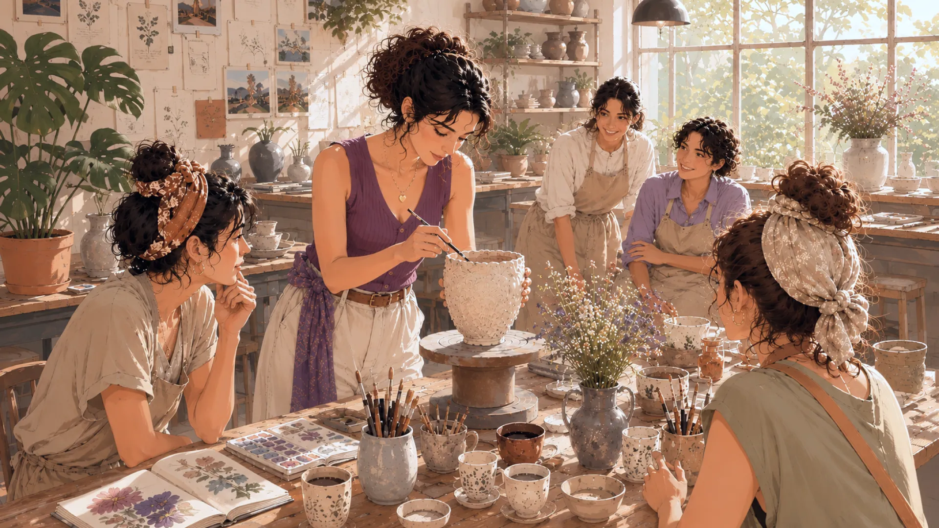The Craft painting a white vase on a turning wheel in a sunlit studio while four others watch