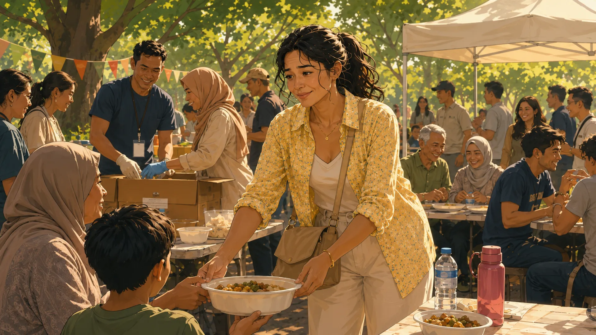 The Current handing a bowl of food to a child at a busy community lunch under the trees, while volunteers unpack boxes behind