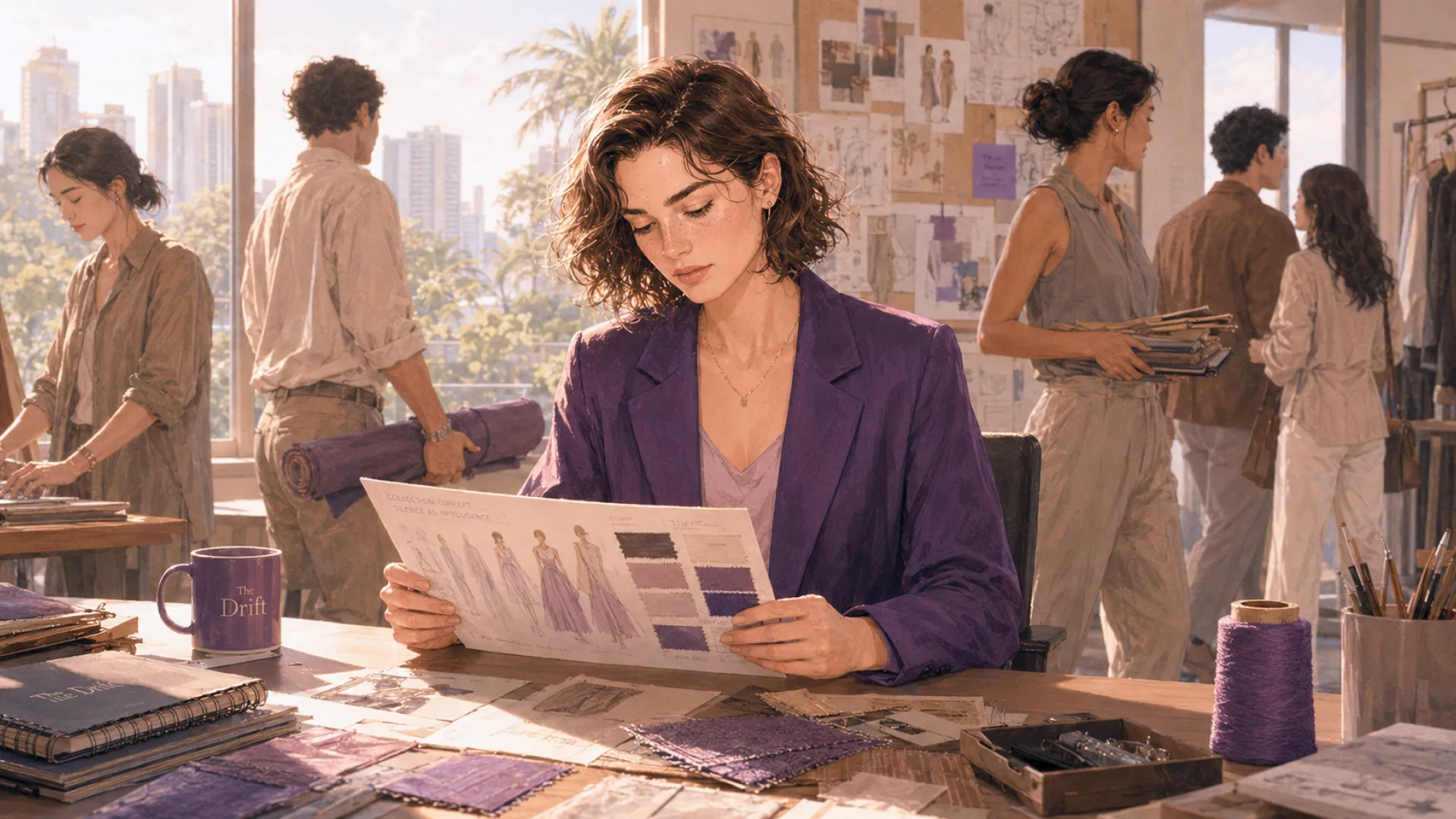 The Drift studying a sheet of gown sketches and fabric swatches at a busy design-studio table while colleagues work around them