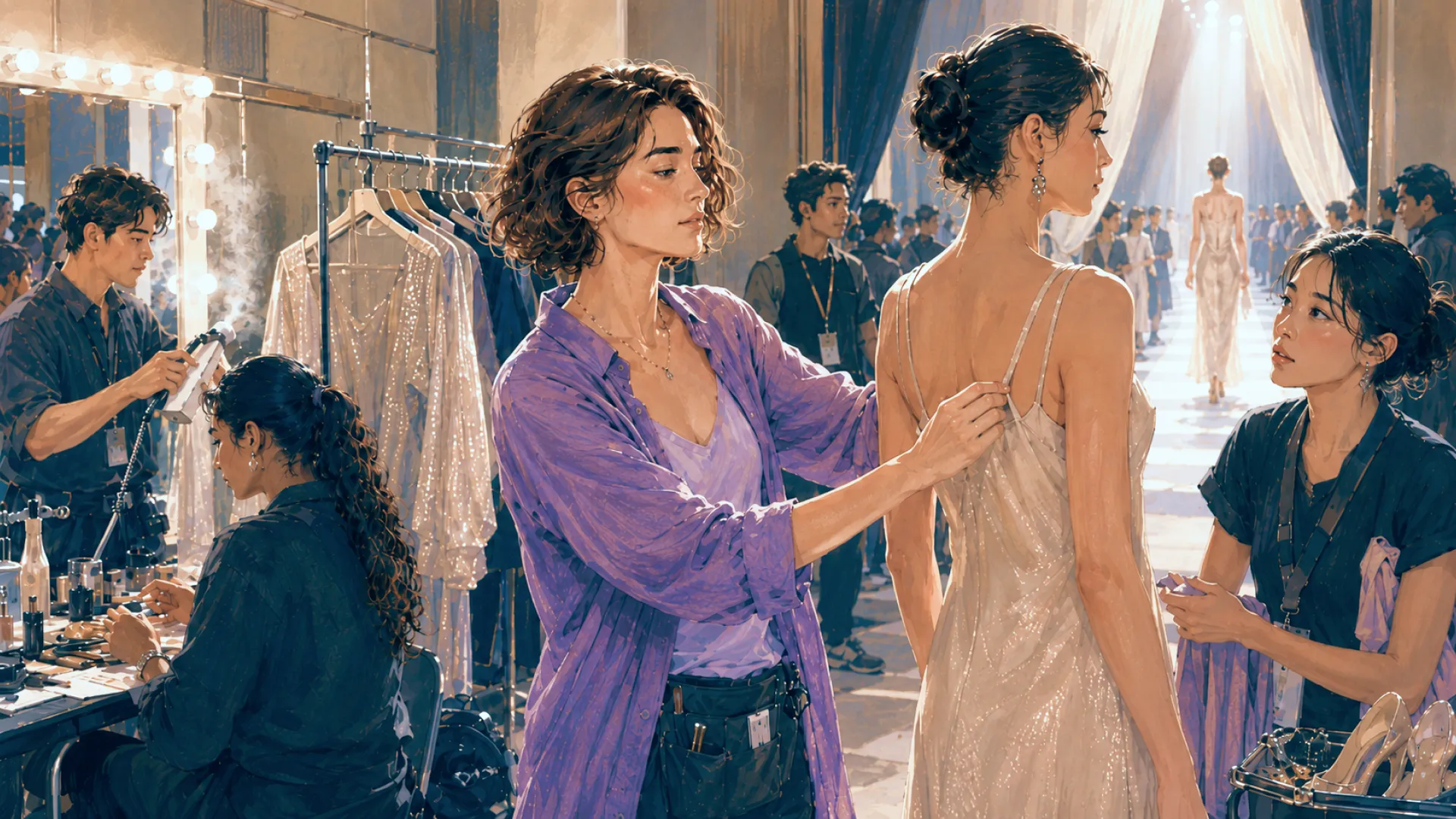 The Drift fixing the back of a model's gown backstage at a fashion show while stylists work on hair and make-up