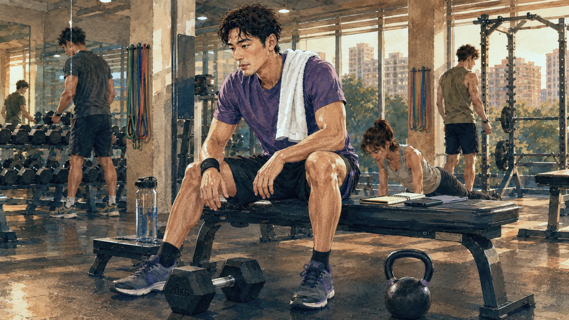 The Drift resting on a gym bench between sets, towel round the neck, a dumbbell and a kettlebell at their feet