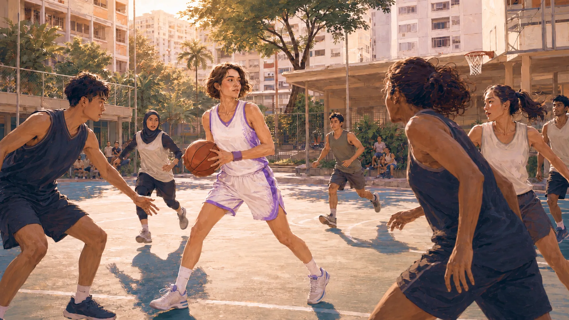 The Drift on an outdoor basketball court, ball in hand, watching two defenders close in