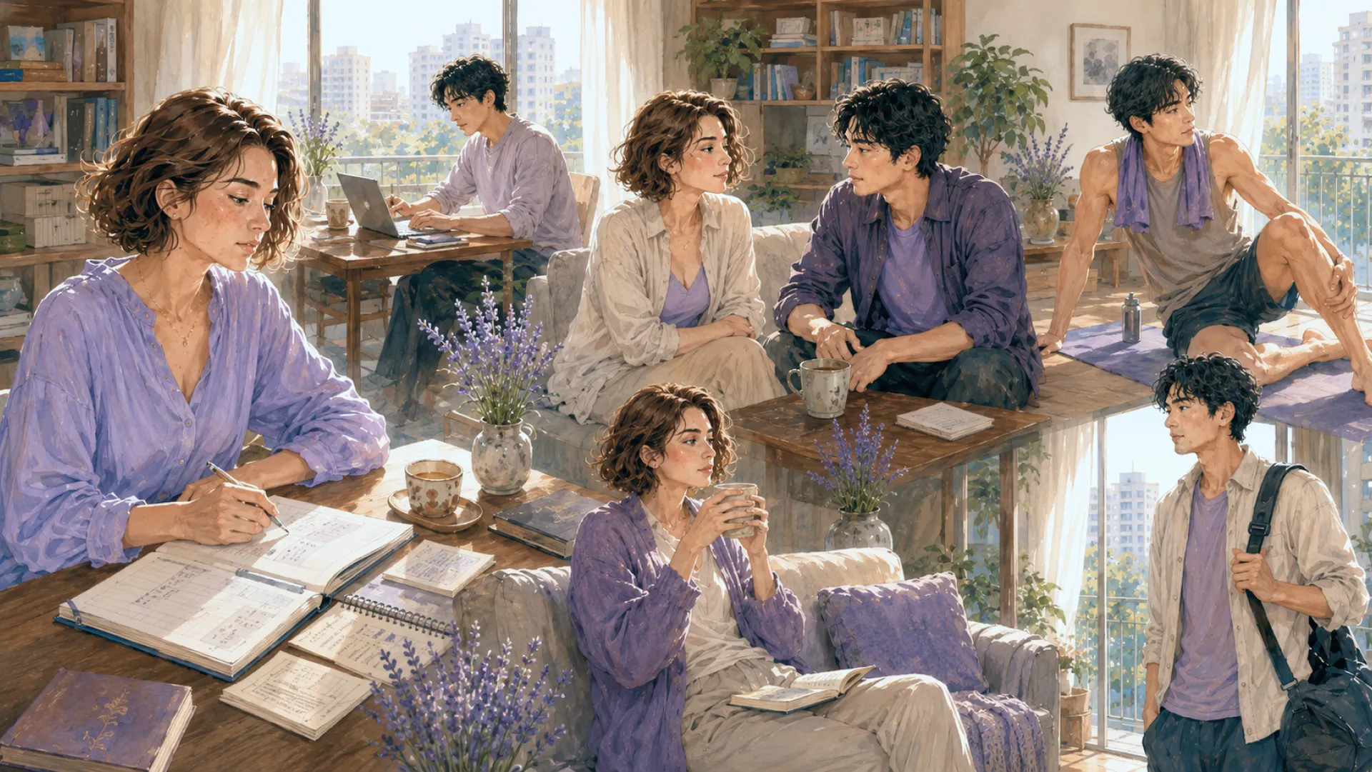 The Drift in six scenes around a lavender-filled flat: writing in a notebook, working at a laptop, talking on the sofa with a mug on the table, stretching on a mat, reading with tea and heading out with a bag over one shoulder