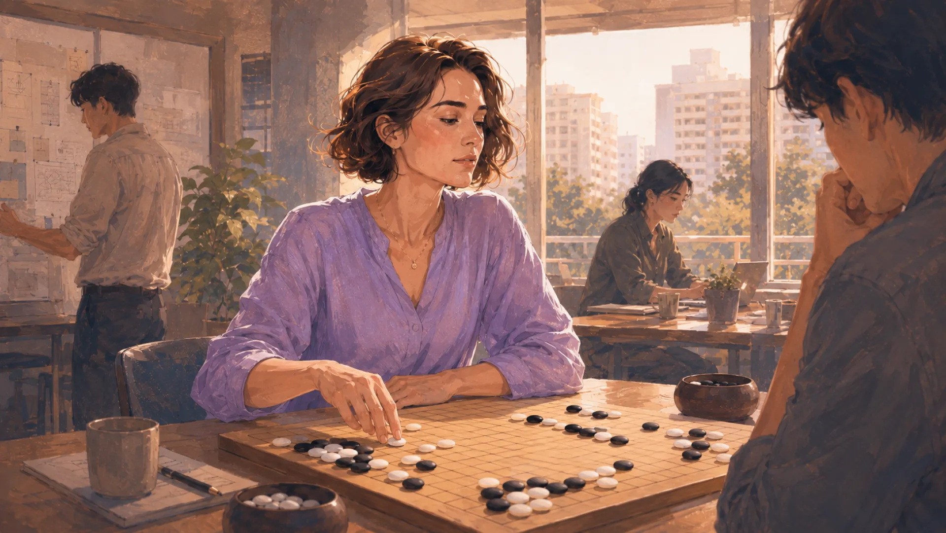 The Drift placing a stone on a Go board at a café table, an opponent leaning in to watch