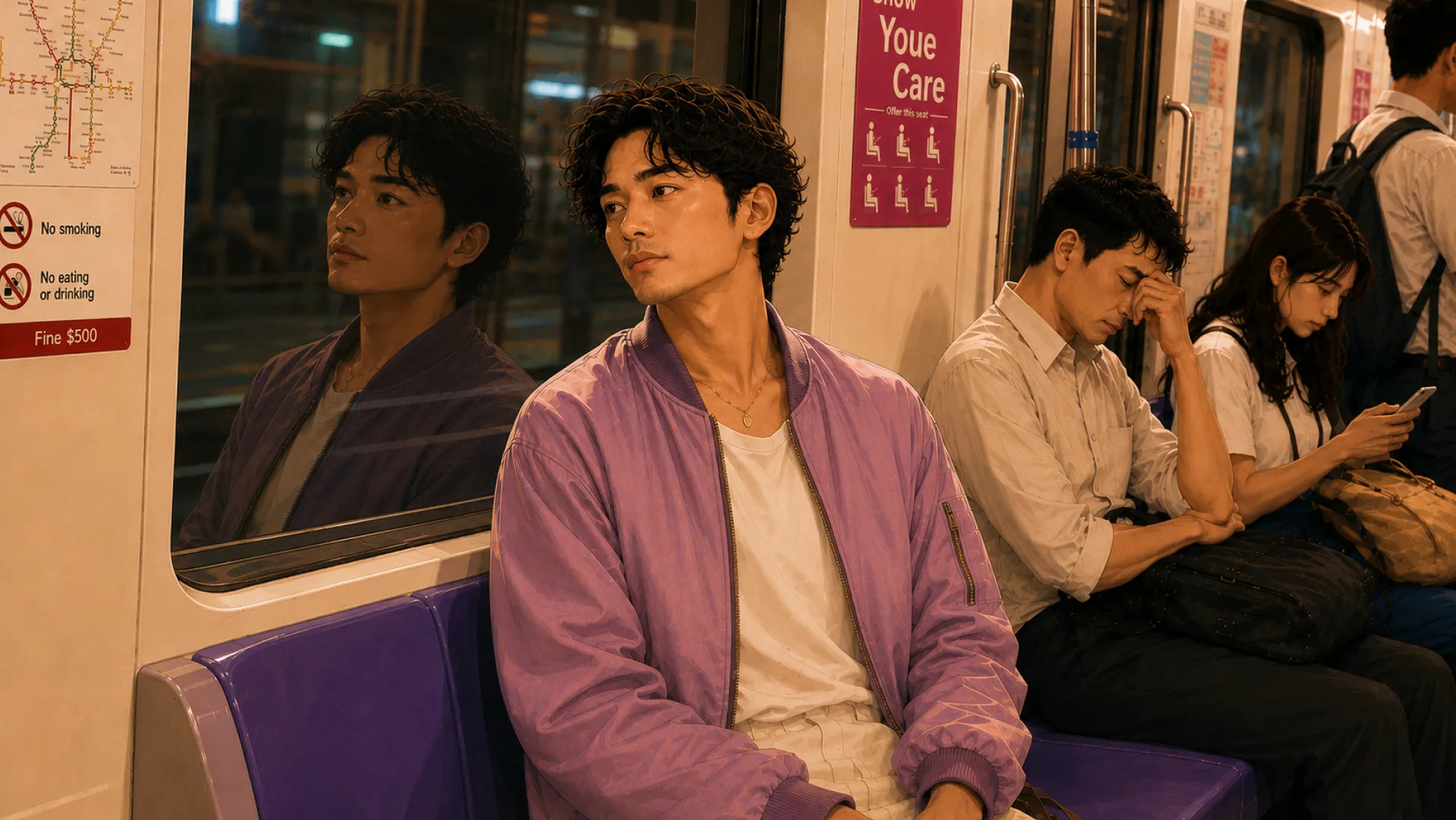 The Echo on a night train in a lilac jacket, reflected in the dark window and glancing along the carriage, where a passenger a seat away rubs a tired forehead while another scrolls a phone