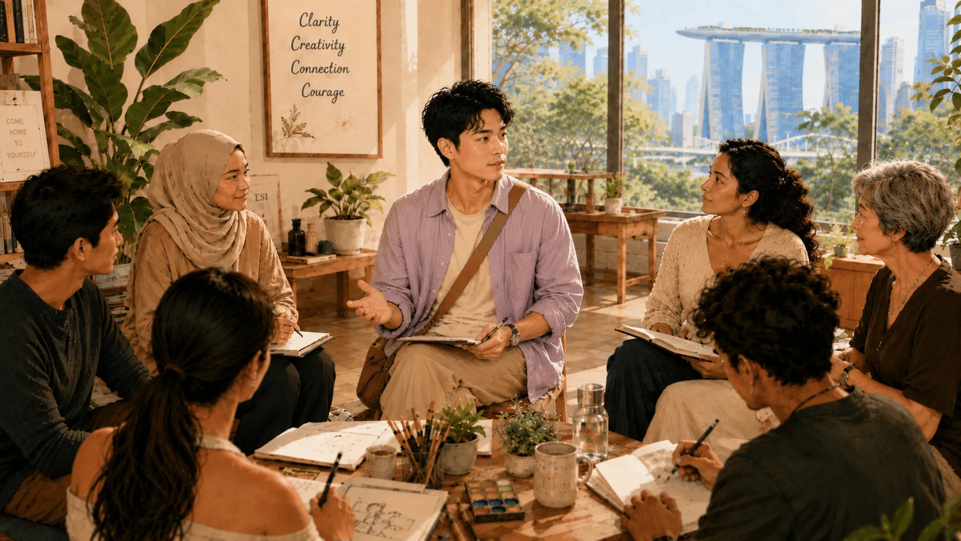 The Echo holding a notebook and speaking to a circle of people at a workshop