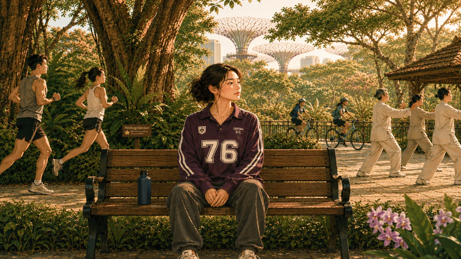 The Echo resting on a park bench in a numbered jersey while runners, cyclists and a tai chi group pass