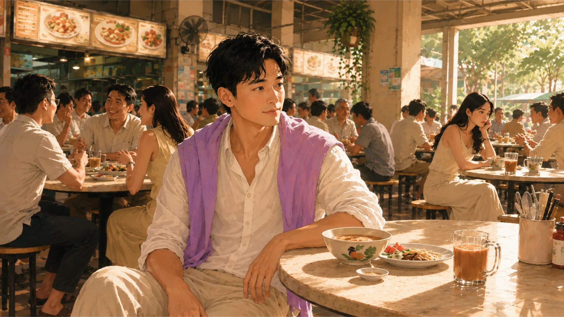 The Echo sitting at a busy food court table with a meal, looking out across the crowd