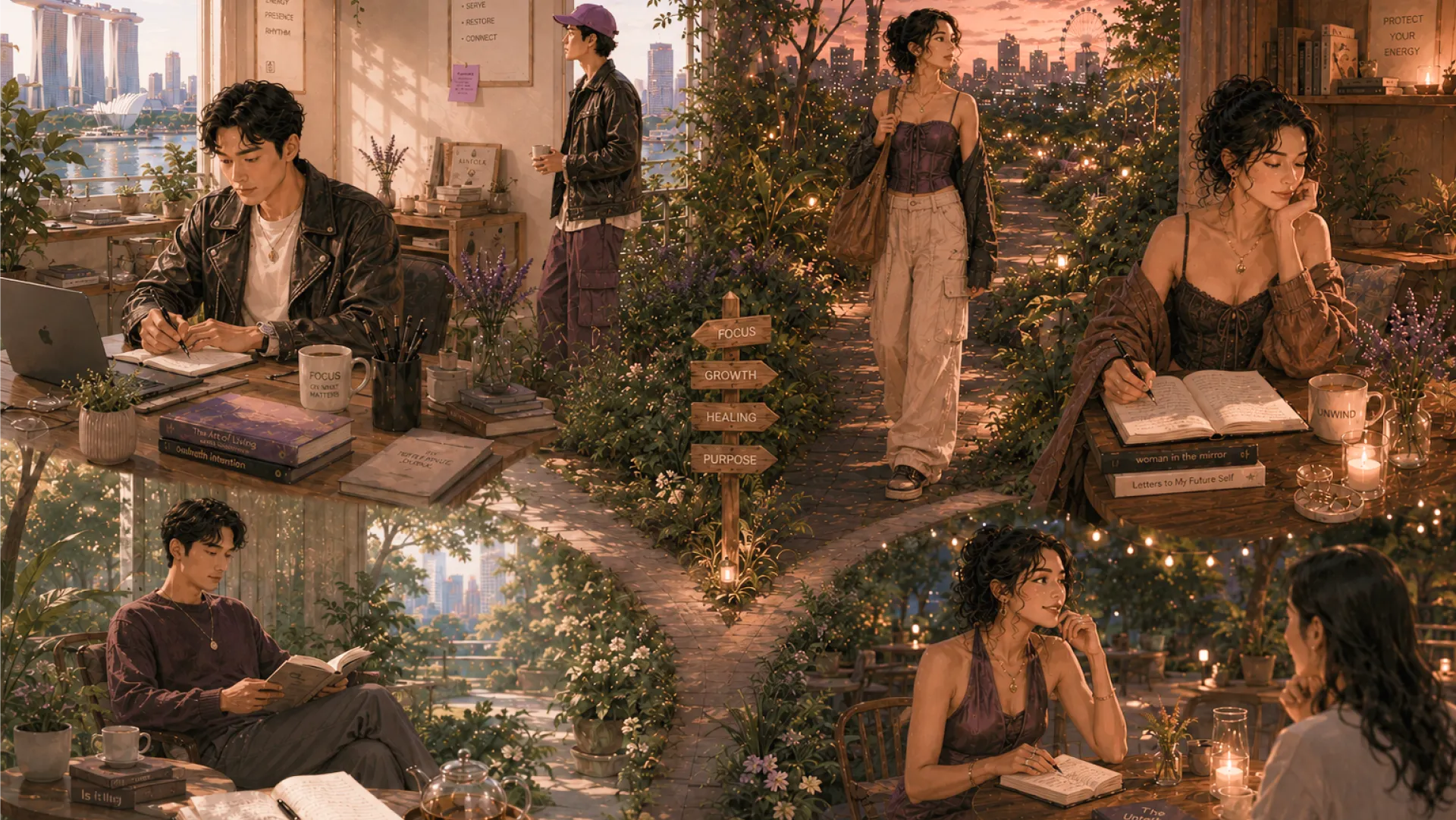 The Echo in six scenes around a garden path signposted Focus, Growth, Healing and Purpose: writing at a desk, standing with a coffee, walking with a bag, writing by candlelight, reading in a chair and talking at a table