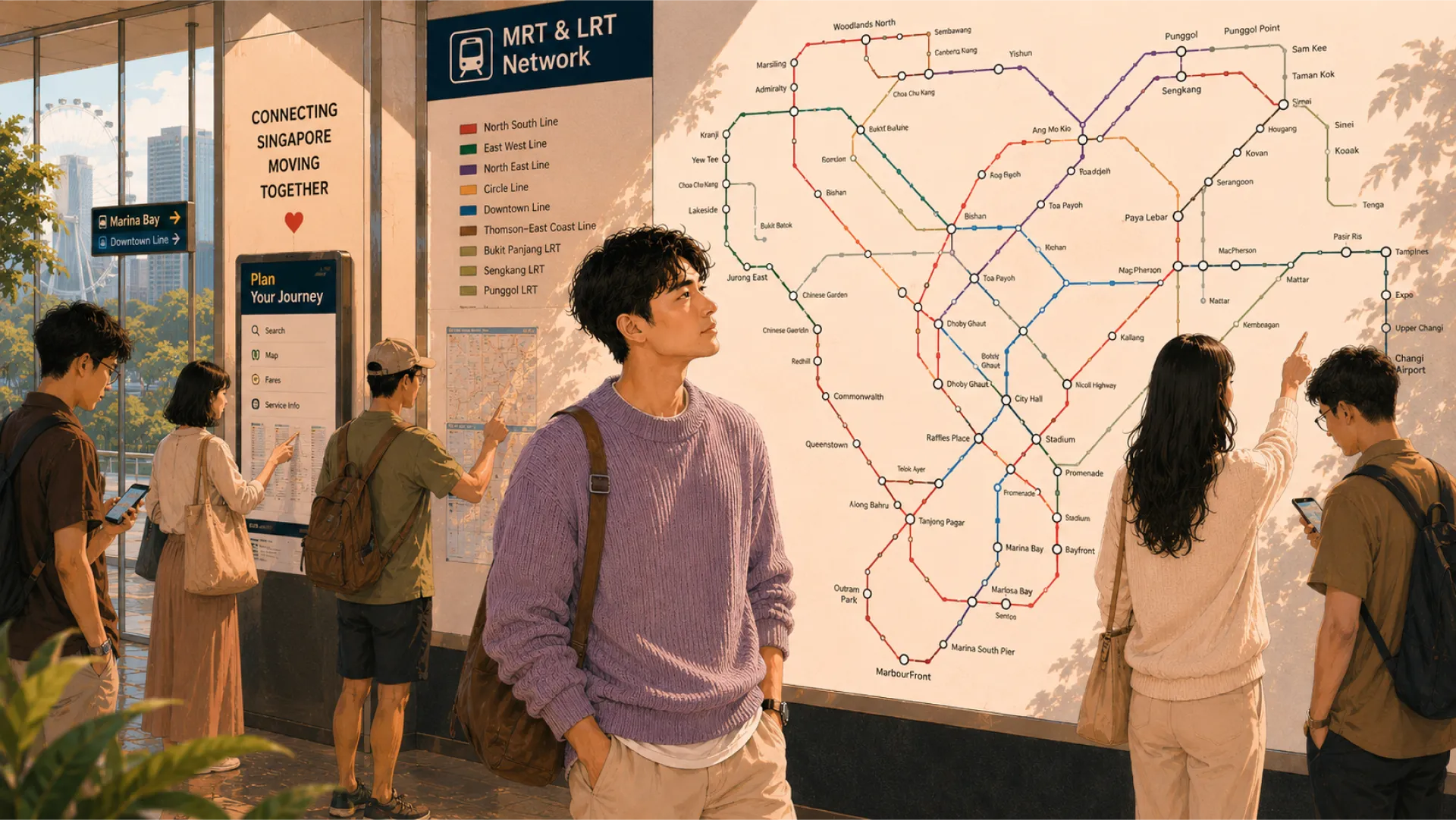 The Echo studying a large transit network map on a station wall while others trace routes beside them