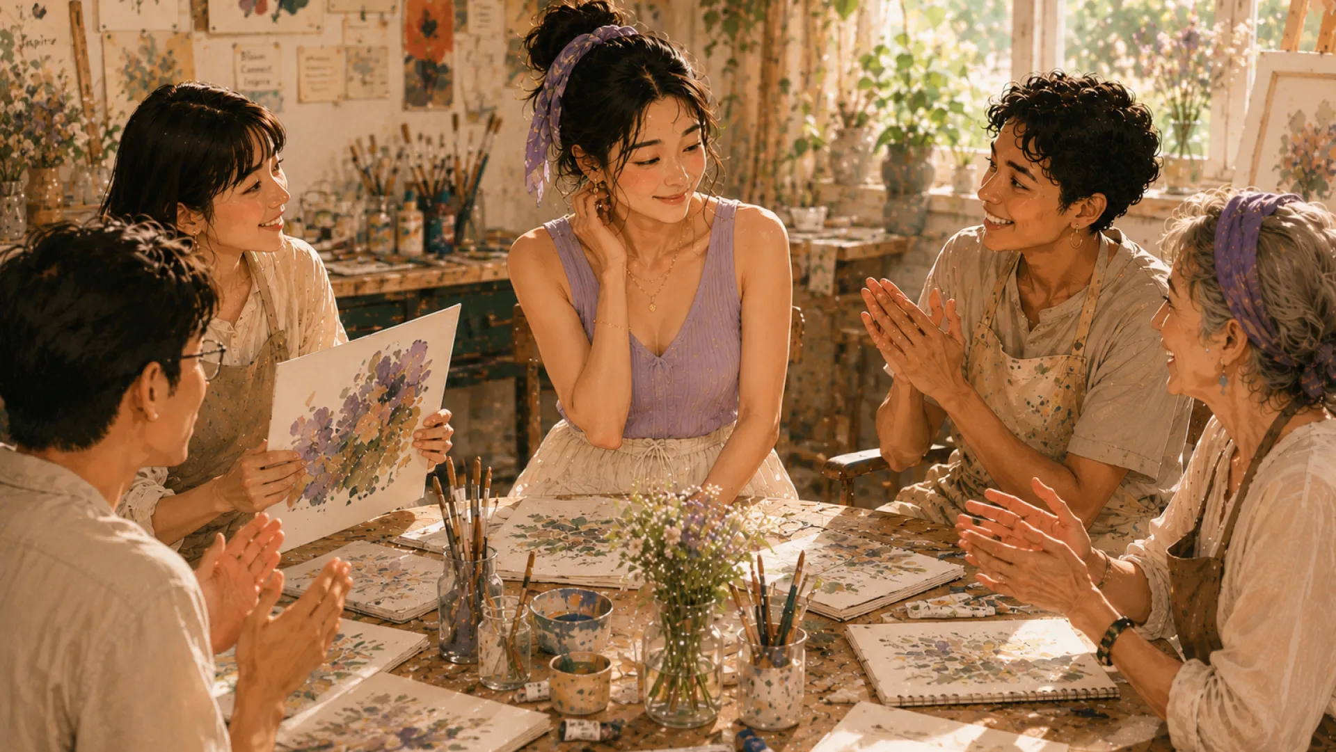 The Echo smiling at an art class as friends applaud around a table of watercolour paintings, one of them holding a painting up