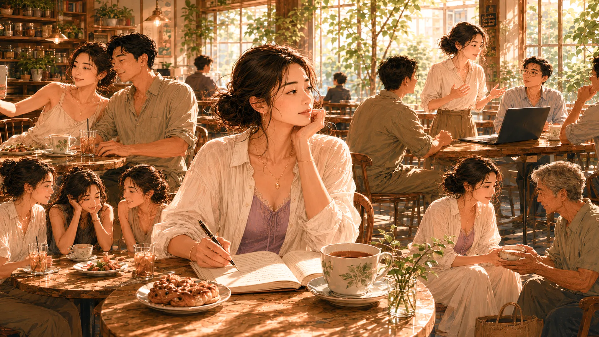 The Echo writing in a notebook over a cup of tea in a busy, sunlit café, chin on one hand, looking out across the room while people talk at every table