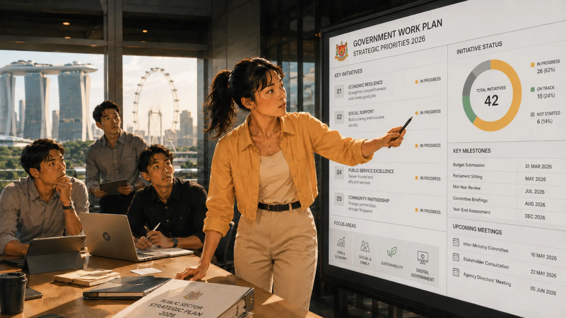The Edge standing at a boardroom screen, pointing out a line on a strategic plan while two colleagues at the table and a third standing with a tablet watch