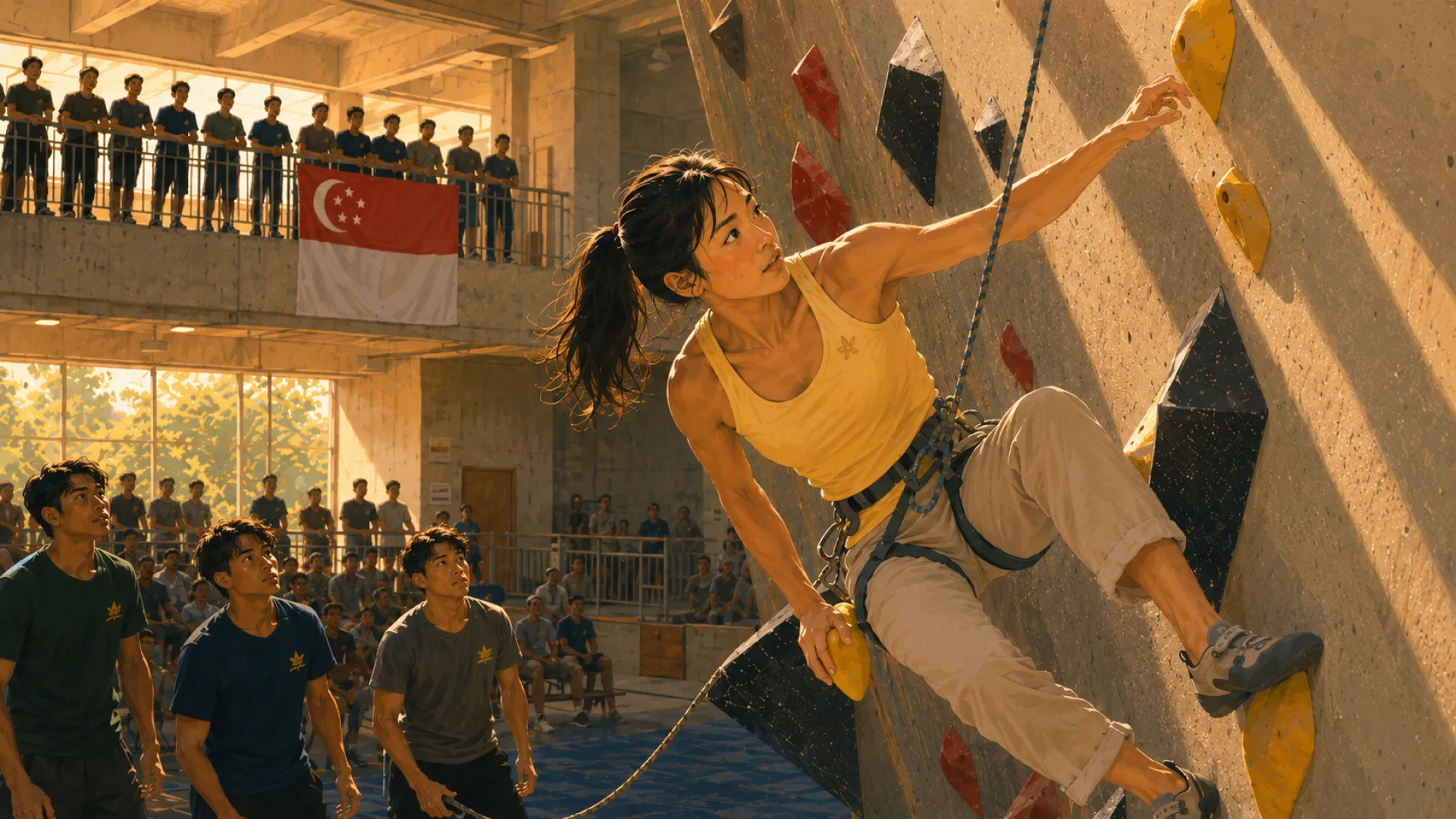 The Edge on an indoor competition climbing wall, stretched out for the next hold, with spectators watching from the balcony and the floor below