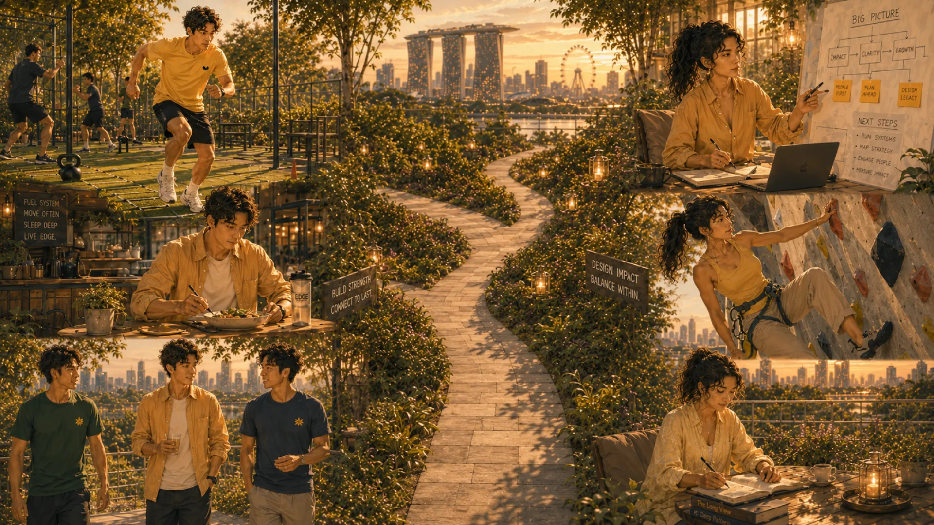 The Edge's week in six scenes set around a garden path at sunset: training outdoors, a meal, walking with friends, planning at a whiteboard, a climbing wall, and writing at a table