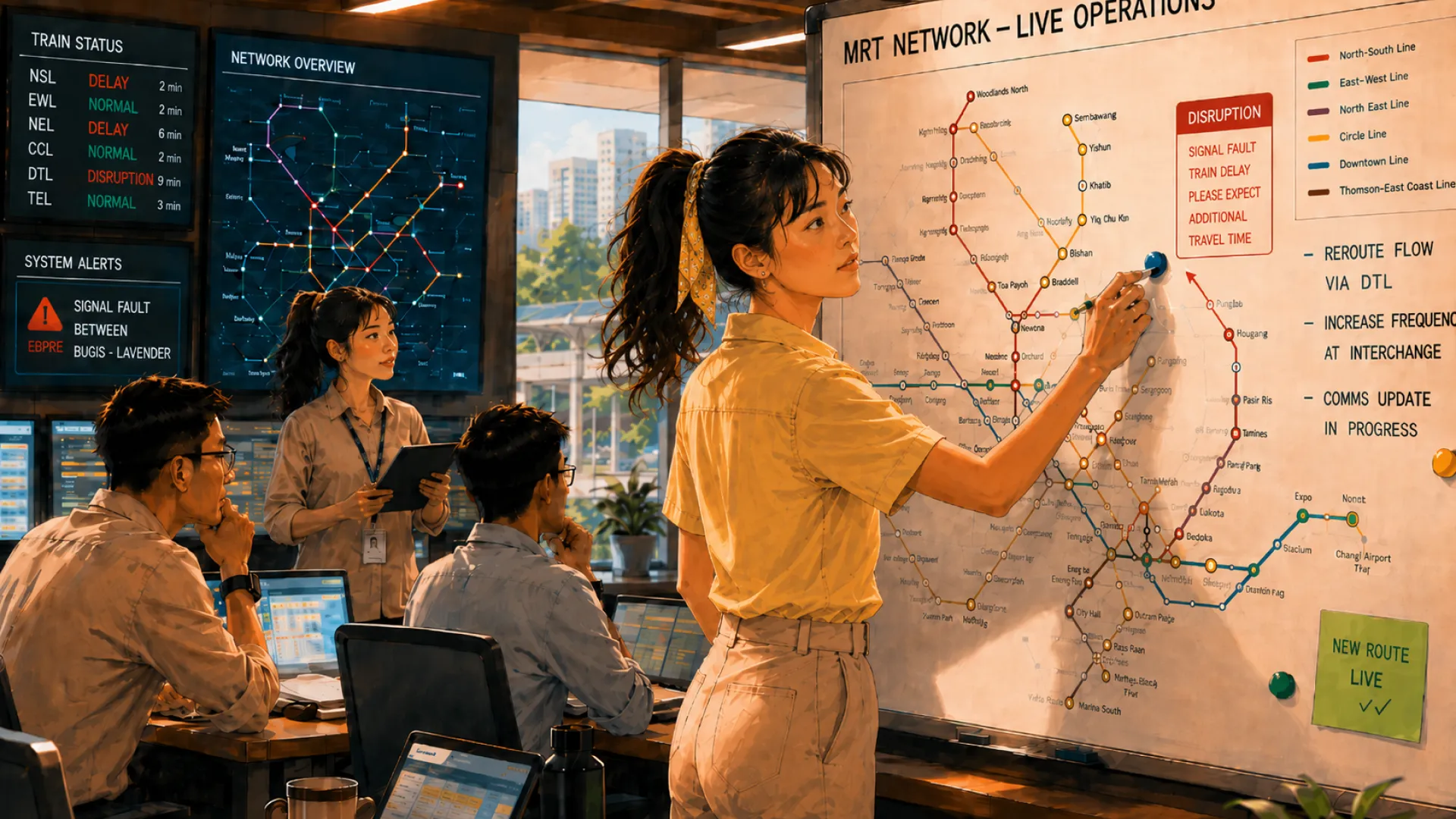 The Edge marking a new route on a large metro map in a control room during a signal fault, colleagues watching from their monitors behind