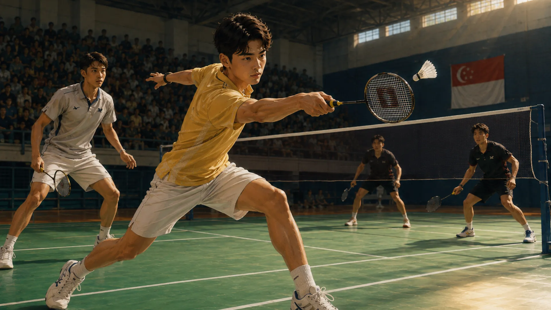 The Edge lunging across the court in a badminton doubles match, racket stretched out to meet the shuttlecock, with a packed stadium behind