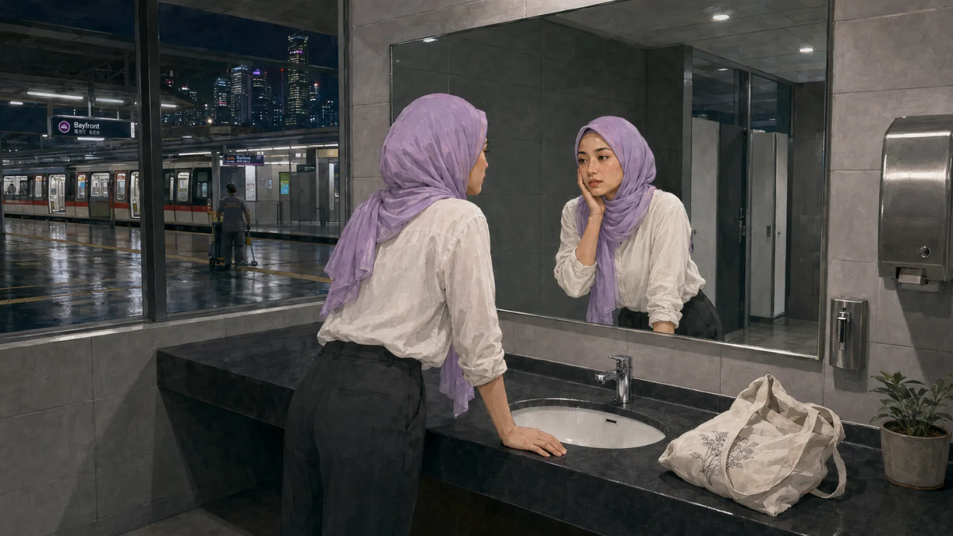The Ember touching one cheek while looking into a station washroom mirror, a tote bag on the counter