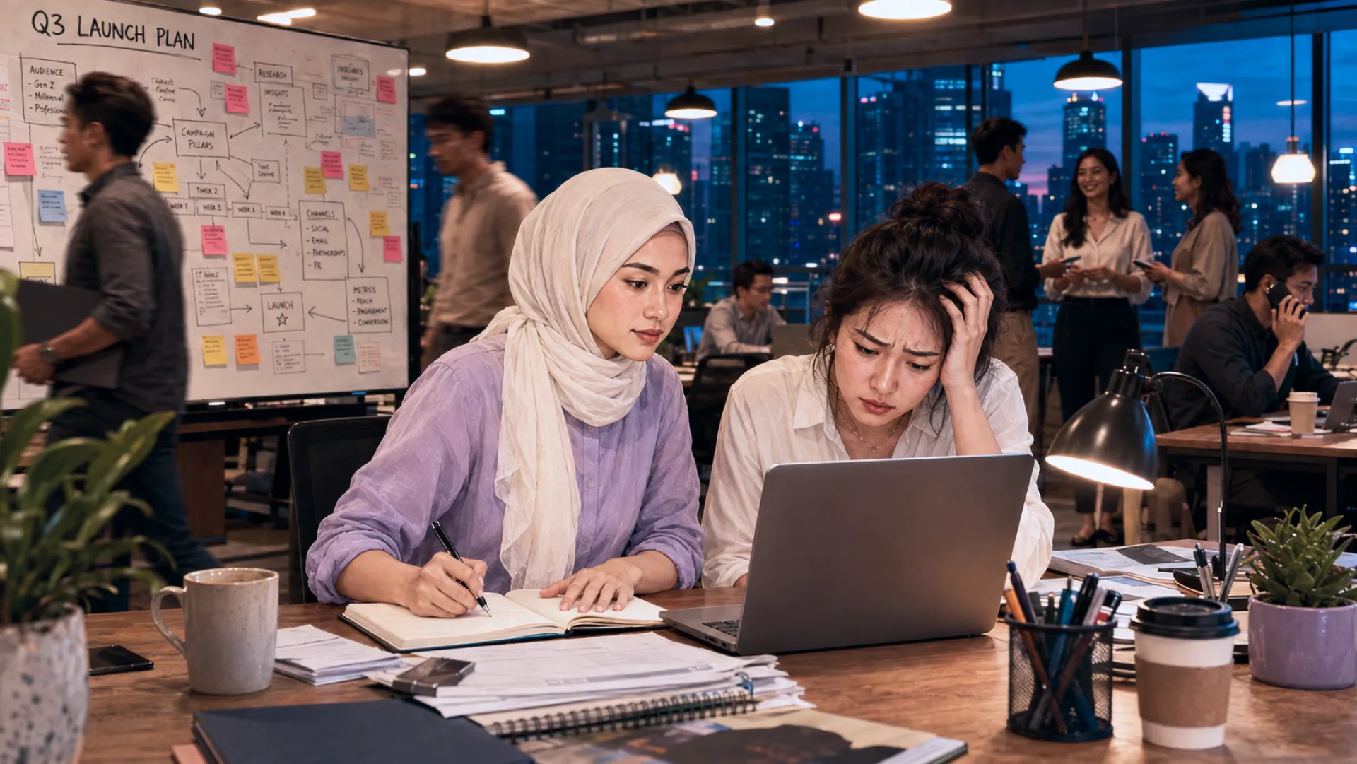 The Ember taking notes at a late-night office table beside a stressed colleague holding their head at a laptop, a launch plan on the board behind