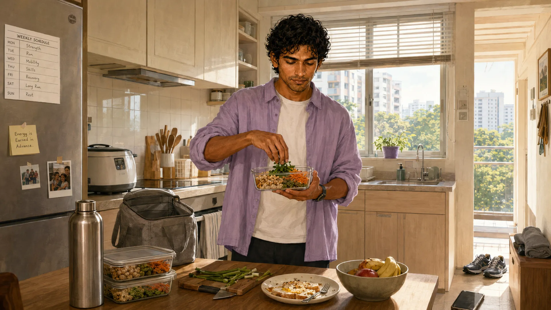 The Ember packing salad into meal-prep boxes at a kitchen counter, a water bottle beside them