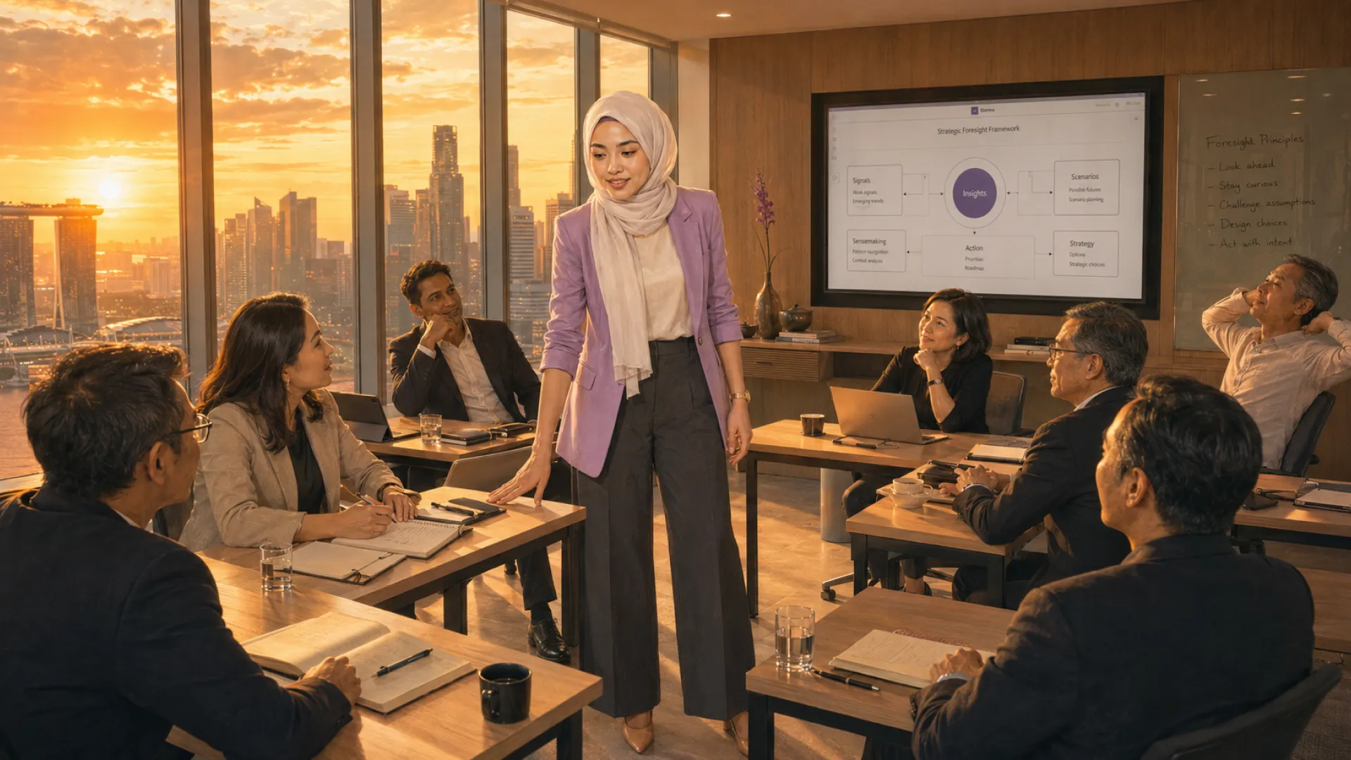 The Ember presenting at the front of a meeting room at sunset while colleagues listen and one at the back leans back, hands behind the head