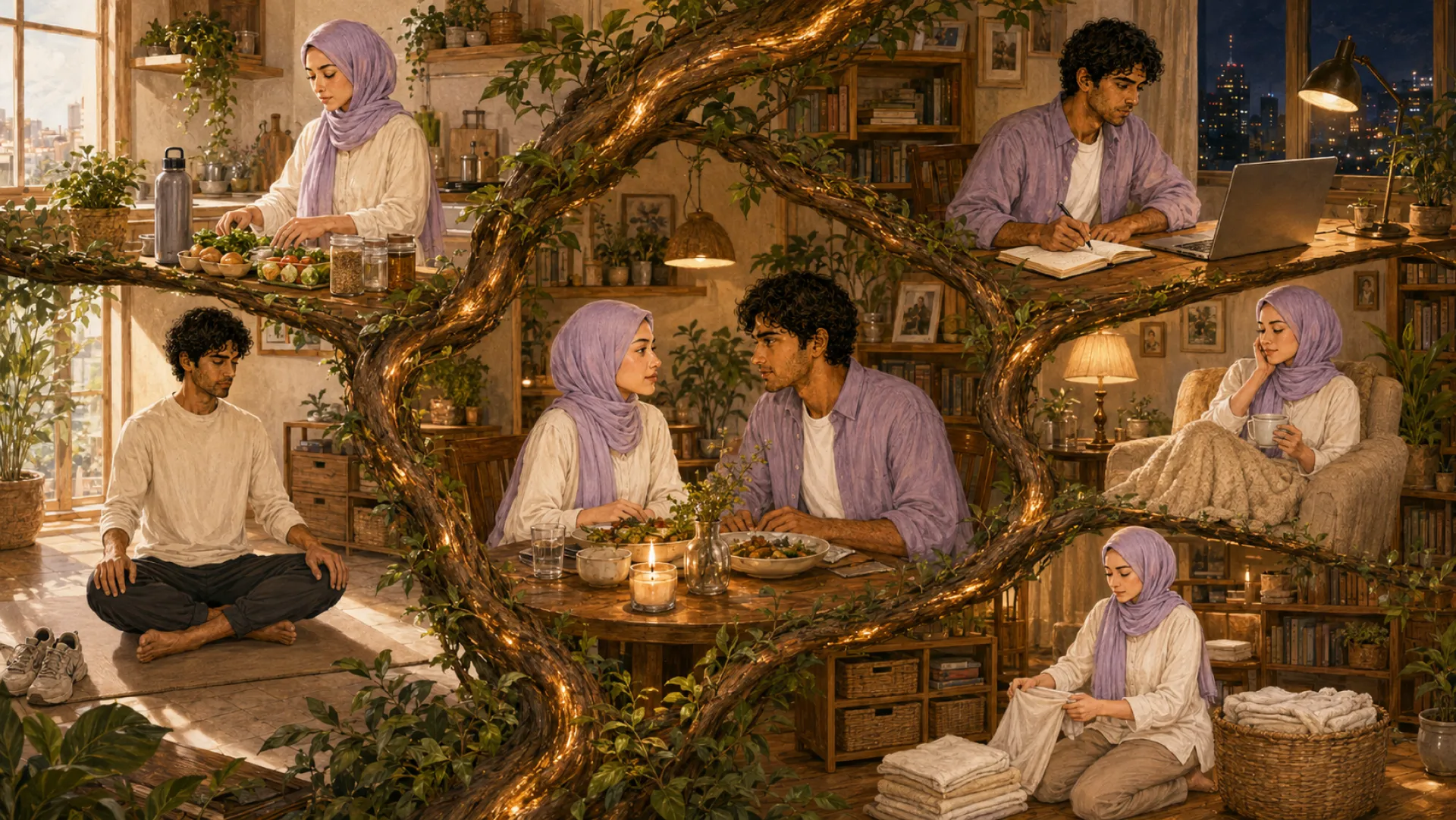 The Ember in six scenes joined by a glowing vine: preparing food, sitting cross-legged on the floor, sharing a candlelit dinner, writing at a laptop, resting with a mug and folding laundry